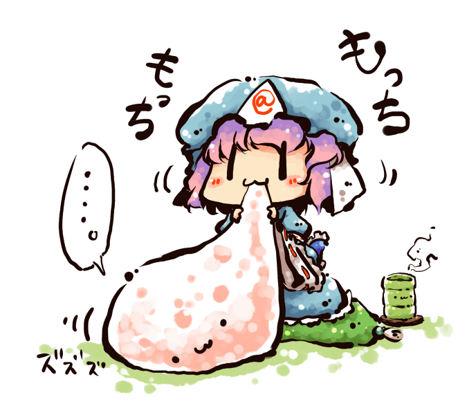 kome kuma, okome (kome kuma), saigyouji yuyuko, touhou, translated, …, 1girl, :3, blush, cannibalism, chibi, cup, eating, emoticon, female focus, ghost, hat, kaomoji, pun, short hair, sitting, solo, teacup, | |