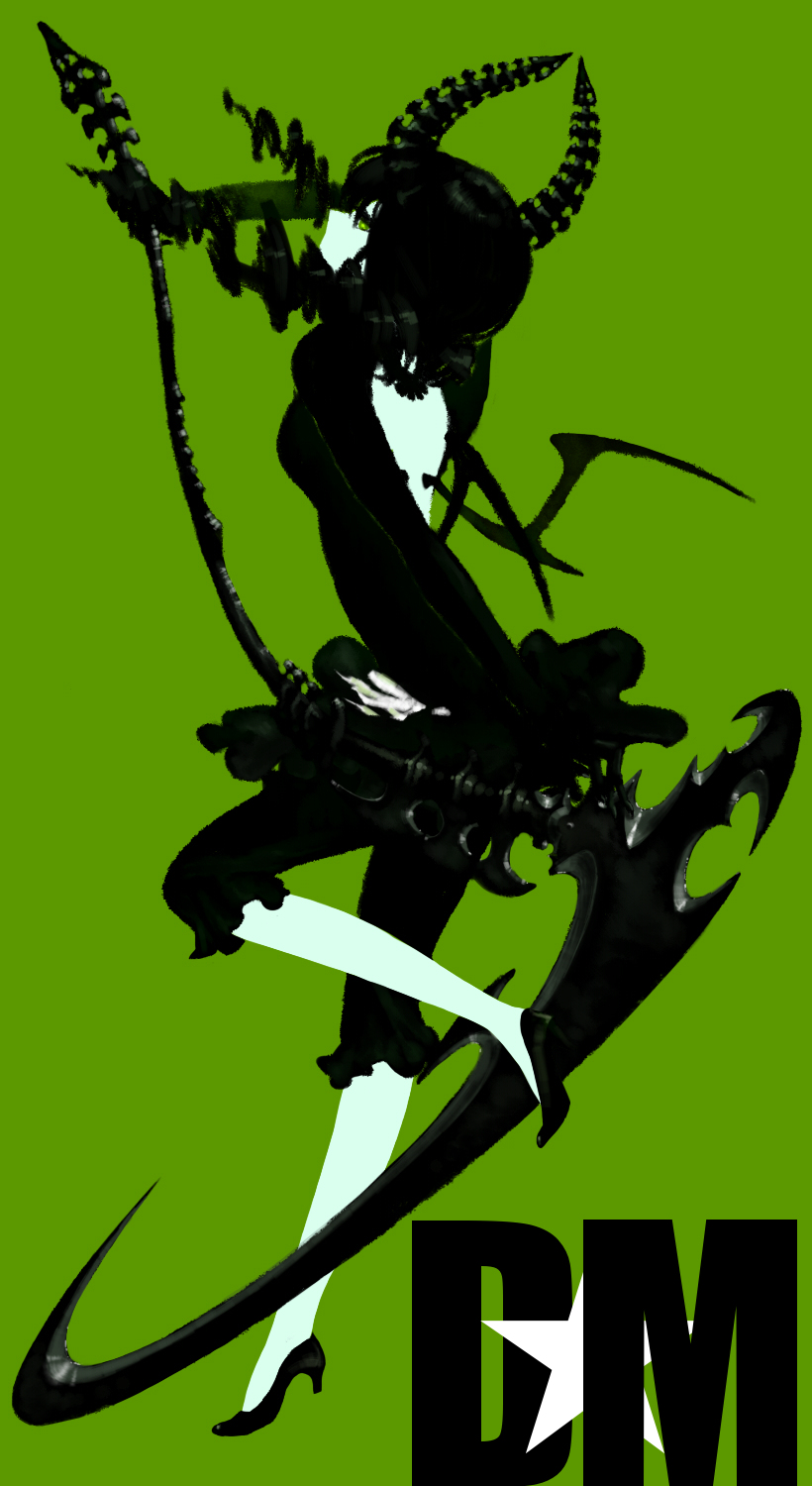 choki, huke, dead master, black rock shooter, bad id, bad pixiv id, highres, 10s, 1girl, black hair, demon wings, female focus, green eyes, green theme, high heels, horns, monochrome, pale skin, scythe, simple background, solo, wings