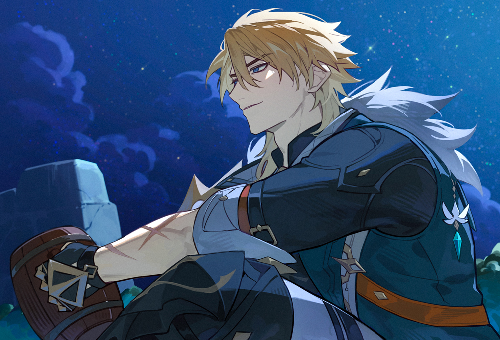 tooaya, varka (genshin impact), genshin impact, commentary, english commentary, 1boy, adam's apple, arm belt, belt, black belt, black gloves, black pants, blonde hair, blue eyes, blue jacket, closed mouth, cloud, fingerless gloves, gloves, holding, jacket, long sleeves, male focus, medium hair, multiple scars, night, outdoors, pants, scar, scar on arm, sitting, sky, sleeve cuffs, smile, solo, star (sky), starry sky, tankard, white fur