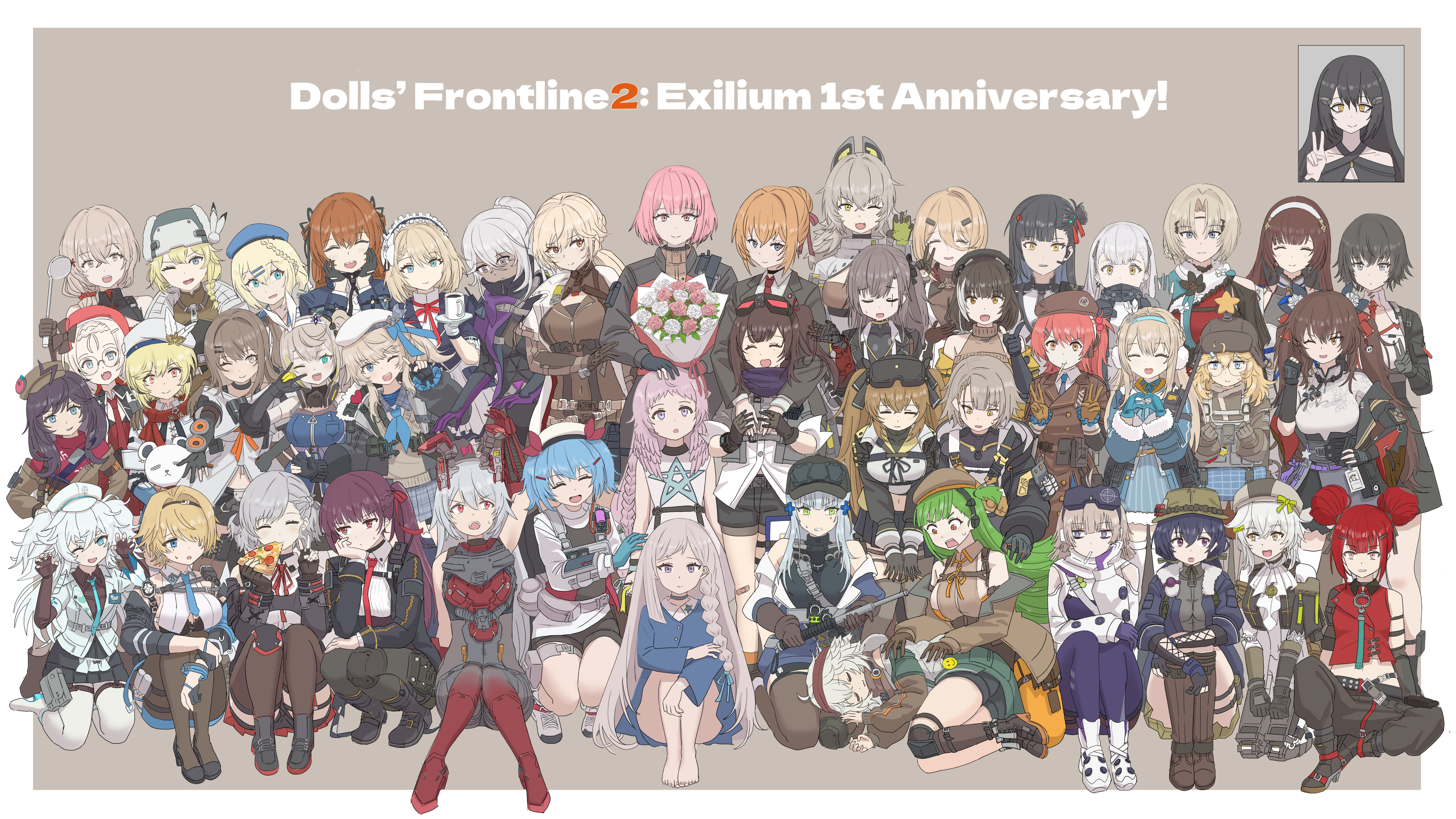 monodrive, aa-12 (girls' frontline), ak-alfa (girls' frontline), andoris (girls' frontline 2), belka (girls' frontline 2), centaureissi (girls' frontline 2), cheeta (girls' frontline 2), colphne (girls' frontline 2), cz75 (girls' frontline), daiyan (girls' frontline 2), dandelion (girls' frontline), dushevnaya (girls' frontline 2), faye (girls' frontline 2), female commander (girls' frontline), florence (girls' frontline 2), g11 (girls' frontline), g28 (girls' frontline), g36 (girls' frontline), groza (girls' frontline 2), helena (girls' frontline 2), hk416 (girls' frontline), jiangyu (girls' frontline 2), k2 (girls' frontline), kalina (girls' frontline), klukai (girls' frontline 2), ksenia (girls' frontline 2), ksvk (girls' frontline), lenna (girls' frontline 2), leva (girls' frontline 2), lind (girls' frontline 2), littara (girls' frontline 2), lotta (girls' frontline 2), makiatto (girls' frontline 2), mechty (girls' frontline 2), melanie (girls' frontline 2), mosin-nagant (girls' frontline), mosin-nagant (girls' frontline 2), mp7 (girls' frontline), nagant (girls' frontline 2), nagant revolver (girls' frontline), nemesis (girls' frontline 2), nikketa (girls' frontline 2), ots-14 (girls' frontline), pa-15 (girls' frontline), papasha (girls' frontline 2), peritya (girls' frontline 2), ppsh-41 (girls' frontline), qbz-191 (girls' frontline), qiongjiu (girls' frontline 2), springfield (girls' frontline), springfield (girls' frontline 2), stechkin (girls' frontline), suomi (girls' frontline), suomi (girls' frontline 2), tololo (girls' frontline 2), type 95 (girls' frontline), type 97 (girls' frontline), ullrid (girls' frontline 2), ump45 (girls' frontline), ump9 (girls' frontline), vector (girls' frontline), vector (girls' frontline 2), vepley (girls' frontline 2), vsk-94 (girls' frontline), wa2000 (girls' frontline), wkp (girls' frontline), yoohee (girls' frontline 2), zhaohui (girls' frontline 2), girls' frontline, girls' frontline 2: exilium, absurdres, commentary request, highres, 6+girls, :3, ;d, m/, angry, animal ears, anniversary, annoyed, arms on another's shoulder, bare legs, bare shoulders, beret, black choker, black gloves, black hair, black hat, black jacket, black leotard, black pants, black ribbon, black shorts, black skirt, blazer, blonde hair, blue bow, blue dress, blue eyes, blue gloves, blue jacket, blue neckerchief, blue necktie, blush, boots, bored, bouquet, bow, braid, breasts, brown dress, brown eyes, brown gloves, brown hair, brown jacket, choker, claw pose, clenched teeth, closed eyes, clothes pull, coat, copyright name, cross, cup, curious, dark-skinned female, dark skin, double bun, double v, dress, eating, elbow gloves, excited, expressionless, facepaint, fake animal ears, fang, fingerless gloves, flower, food, food in mouth, full body, fur-trimmed coat, fur trim, gloves, green eyes, green hair, green jacket, grin, hair between eyes, hair bobbles, hair bow, hair bun, hair ornament, hair over one eye, hair ribbon, hairband, hairclip, hand on own cheek, hand on own face, hand up, hands on another's shoulders, hands on own cheeks, hands on own face, hands up, happy, hat, hat ornament, head-mounted display, headband, headphones, heart, heart-shaped pupils, heart hands, high heel boots, high heels, highleg, holding, holding baton (weapon), holding bouquet, holding cup, holding food, holding hands, holding pizza, holding stuffed toy, holster, hug, hug from behind, id card, iron cross, jacket, jacket pull, knee boots, kneehighs, kneeling, knees apart feet together, knees up, lap pillow, large breasts, legs together, leotard, lollipop in mouth, long hair, looking at another, looking at viewer, looking down, looking to the side, lying, maid headdress, medium breasts, medium hair, messy hair, miniskirt, multiple girls, navel, neckerchief, necktie, off shoulder, on side, one eye closed, open mouth, orange eyes, orange pants, pants, pantyhose, partially unzipped, pink eyes, pink hair, pizza, plaid clothes, plaid skirt, pleated skirt, ponytail, purple eyes, purple hair, purple pants, rabbit ears, red eyes, red hair, red hat, red headband, red necktie, red ribbon, red vest, ribbon, shirt, short hair, short shorts, shorts, side ponytail, single bare leg, single bare shoulder, single braid, single hair bun, single kneehigh, single sock, sitting, skirt, sleeping, sleeveless, sleeveless dress, small breasts, smile, socks, squatting, standing, star (symbol), star hat ornament, star print, stuffed animal, stuffed toy, surprised, symbol-shaped pupils, teardrop, teddy bear, teeth, thigh holster, thigh strap, thighhighs, thighs, twintails, v, v arms, very long hair, vest, w, white dress, white gloves, white hair, white hairband, white hat, white jacket, white shirt, winter clothes, x hair ornament, yellow eyes