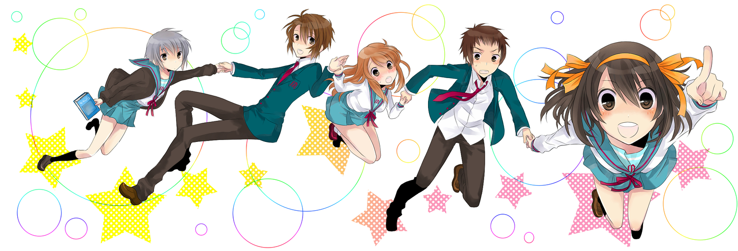 kairi (mglg), asahina mikuru, koizumi itsuki, kyon, nagato yuki, suzumiya haruhi, suzumiya haruhi no yuuutsu, bad id, bad pixiv id, 2boys, 3girls, brown eyes, brown hair, cardigan, flying, grey hair, long hair, multiple boys, multiple girls, school uniform, serafuku, short hair
