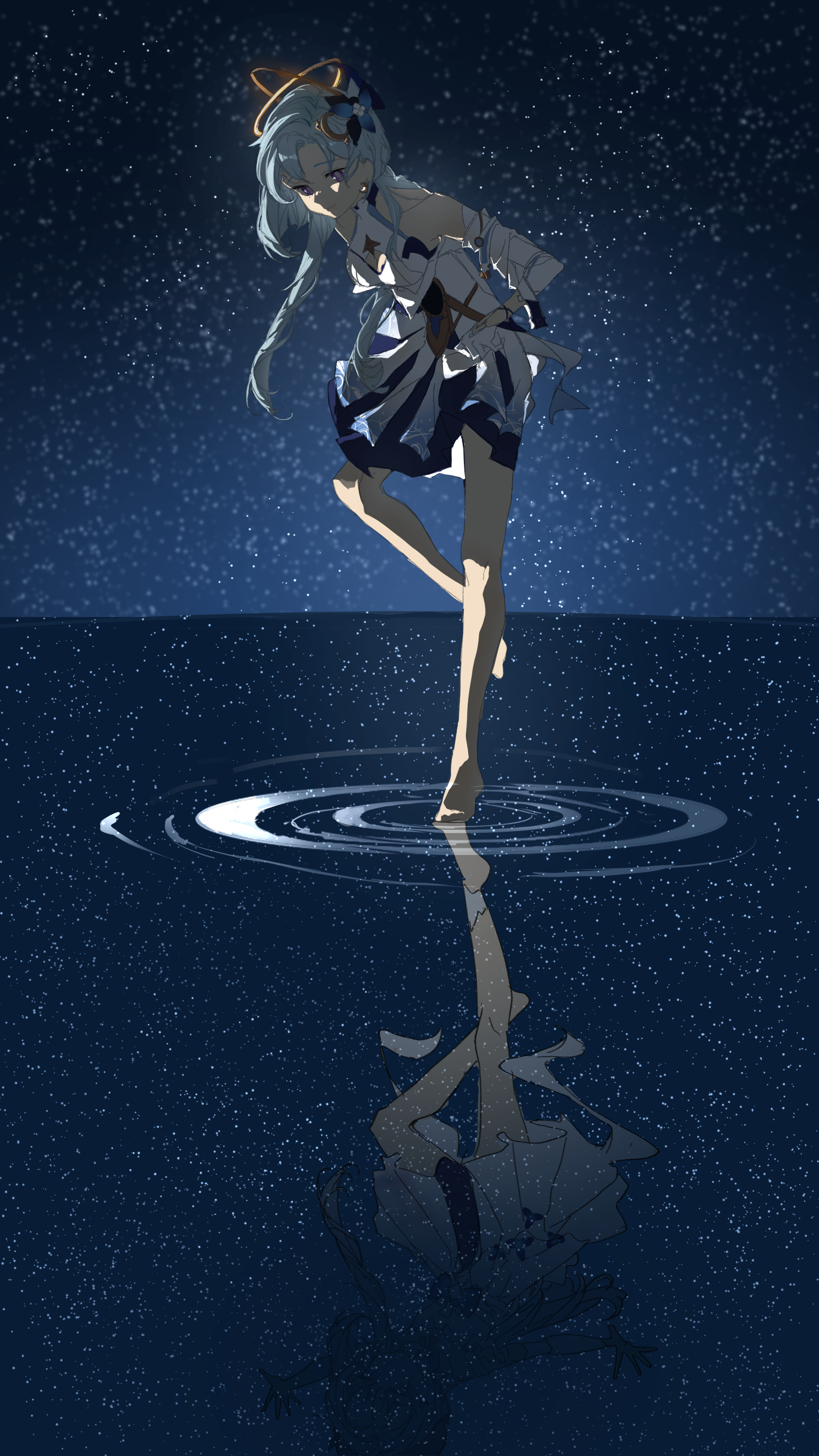 htt (user phhn3327), griseo, griseo (cosmic expression), honkai (series), honkai impact 3rd, absurdres, commentary, english commentary, highres, 1girl, barefoot, blue hair, breasts, crescent, crescent earrings, dress, earrings, feet, flower, hair flower, hair ornament, jewelry, long hair, medium breasts, night, purple eyes, reflection, reflective liquid, sky, solo, standing, standing on liquid, star (sky), starry sky, very long hair, white dress