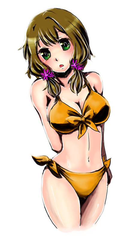 daikon oroshi (0505), original, bad id, bad pixiv id, 1girl, bikini, bow, bow bikini, bow bra, bra, breasts, brown hair, cleavage, daikon oroshi, female focus, green eyes, large breasts, lingerie, long hair, orange bikini, side-tie bikini bottom, solo, swimsuit, twintails, underwear