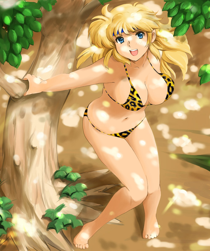 shu-z, lune zoldark, banpresto, super robot wars, super robot wars the lord of elemental, 1girl, animal print, bad anatomy, barefoot, bikini, blonde hair, blue eyes, breasts, cleavage, dappled sunlight, female focus, headband, leopard, leopard print, poorly drawn, quality, shiny skin, smile, solo, sunlight, swimsuit, tree