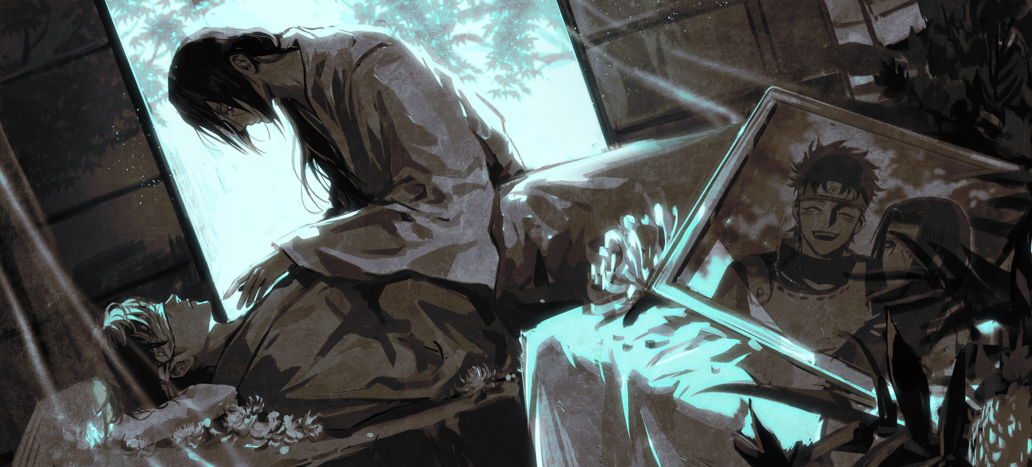 momoyoru1, uchiha itachi, uchiha shisui, naruto (series), naruto shippuuden, commentary, highres, 2boys, bandage over one eye, flower, greyscale, indoors, japanese clothes, long hair, lying, male focus, monochrome, multiple boys, on back, on bed, portrait (object), short hair, sitting