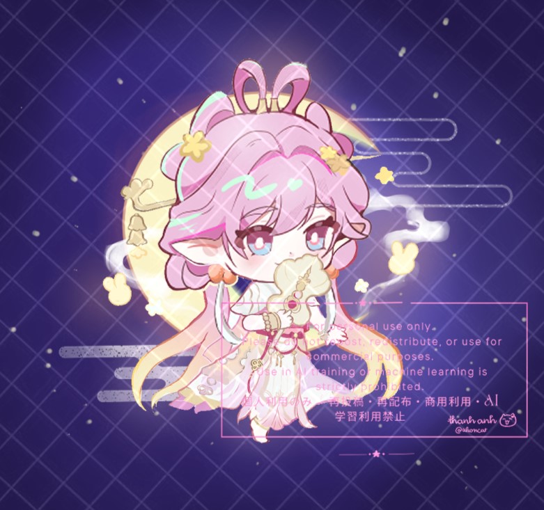 elysia (hi love elf) (honkai impact), elysia (honkai impact), honkai (series), honkai impact 3rd, commentary, symbol-only commentary, 1girl, chibi, chibi only, chinese clothes, chinese hairstyle, crescent moon, dress, earrings, elf, elysia (moonlit grace) (honkai impact), hand fan, holding, holding fan, jewelry, long hair, looking at viewer, moon, multicolored hair, night, official alternate costume, pink hair, pointy ears, purple eyes, sky, solo, star (sky), starry sky, two-tone hair, ukoncat, very long hair, watermark, white dress, white hair