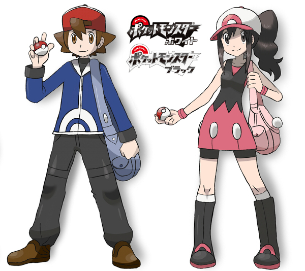 hilbert (pokemon), hilda (pokemon), nintendo, pokemon, pokemon bw, brown footwear, white legwear, third-party edit, 10s, 1boy, 1girl, bag, bangle, baseball cap, bike shorts, black hair, black pants, black vest, blouse, blue jacket, boots, bracelet, breasts, brown eyes, brown hair, hat, jacket, jewelry, long sleeves, pants, pink shirt, poke ball, ponytail, shirt, short hair, sidelocks, simple background, sleeveless, small breasts, smile, socks, standing, vest, white background