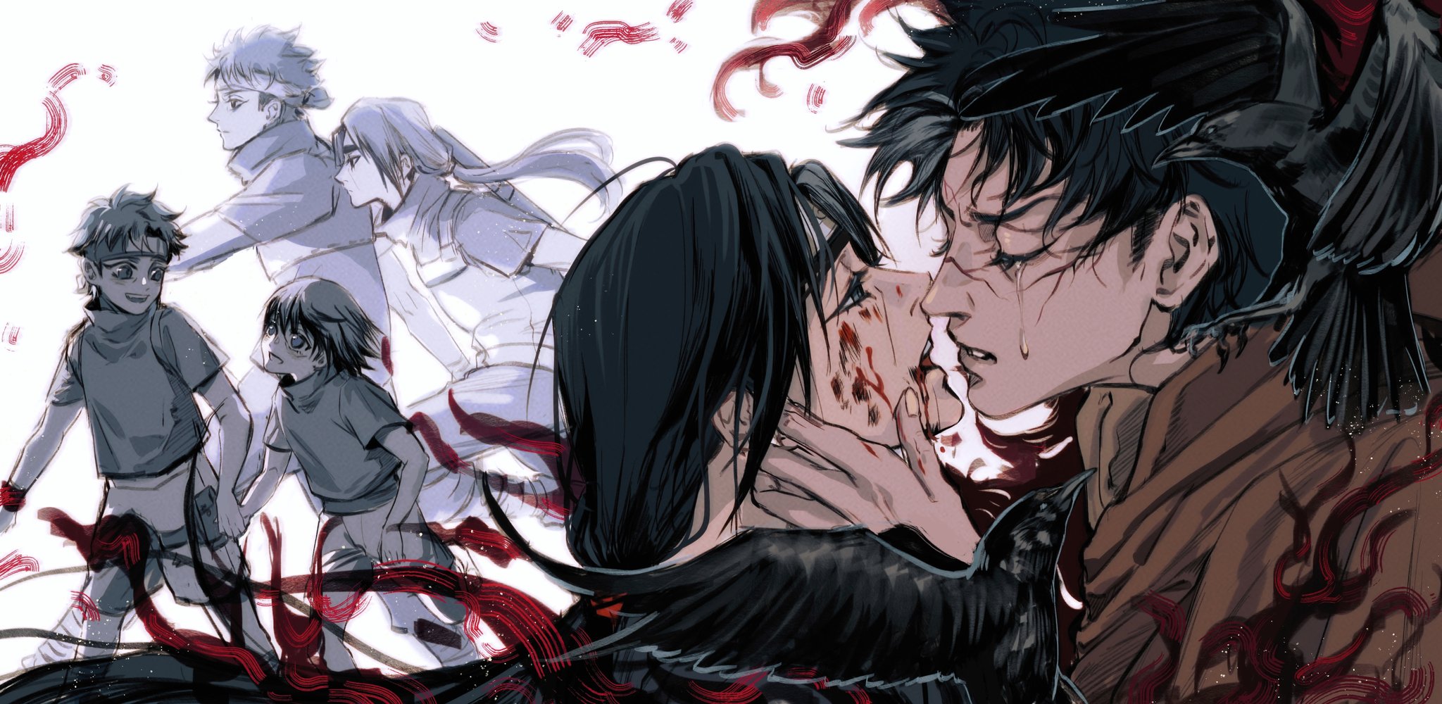 momoyoru1, uchiha itachi, uchiha shisui, naruto (series), naruto shippuuden, commentary, highres, 2boys, age progression, bird, black bird, black hair, blood, blood on face, crow, crying, forehead protector, imminent kiss, konohagakure anbu uniform, konohagakure symbol, long hair, male focus, multiple boys, shirt, short hair, simple background, tears, white background, yaoi