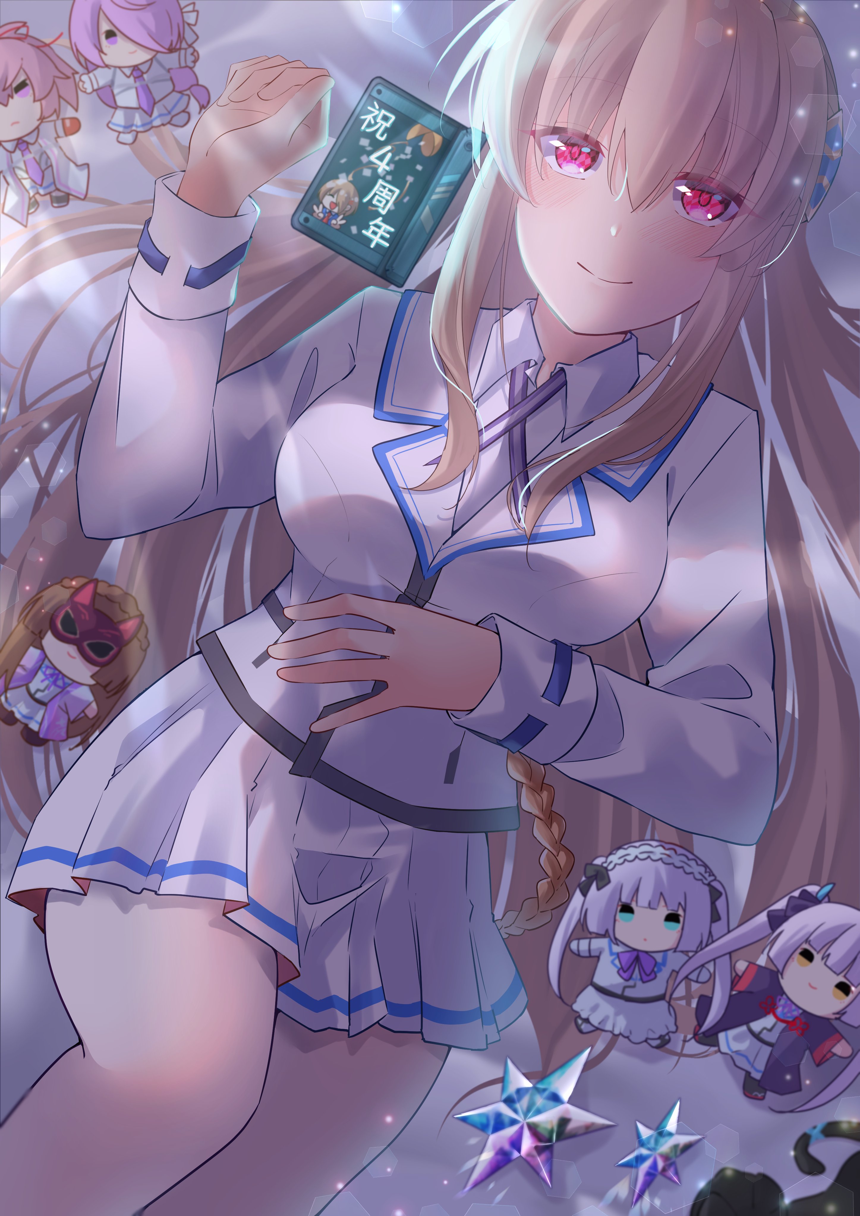 dmc tales2006, kayamori ruka, kiryuu miya, kura satomi, ogasawara hisame, tsukishiro monaka, heaven burns red, absurdres, commentary request, highres, 1girl, blonde hair, character doll, crystal, doll, hair ornament, long hair, lying, on back, red eyes, ribbon, school uniform, sugawara chie