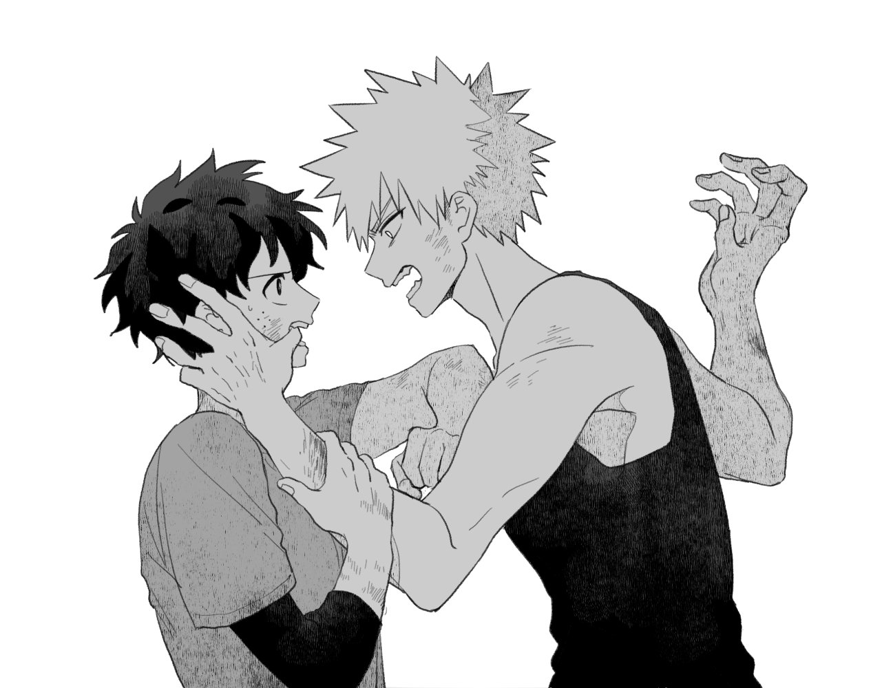 bakugou katsuki, midoriya izuku, boku no hero academia, 2boys, arm up, compression sleeve, eye contact, finger in another's mouth, from side, greyscale, hand on another's arm, labhu, looking at another, male focus, monochrome, multiple boys, open mouth, parted bangs, shirt, short hair, short sleeves, simple background, spiked hair, t-shirt, tank top, white background