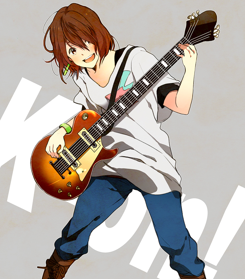 oka (juno610), hirasawa yui, k-on!, listen!!, bad id, bad pixiv id, 1boy, boots, brown eyes, brown hair, casual, denim, genderswap, genderswap (ftm), guitar, instrument, jeans, male focus, pants, short hair, solo