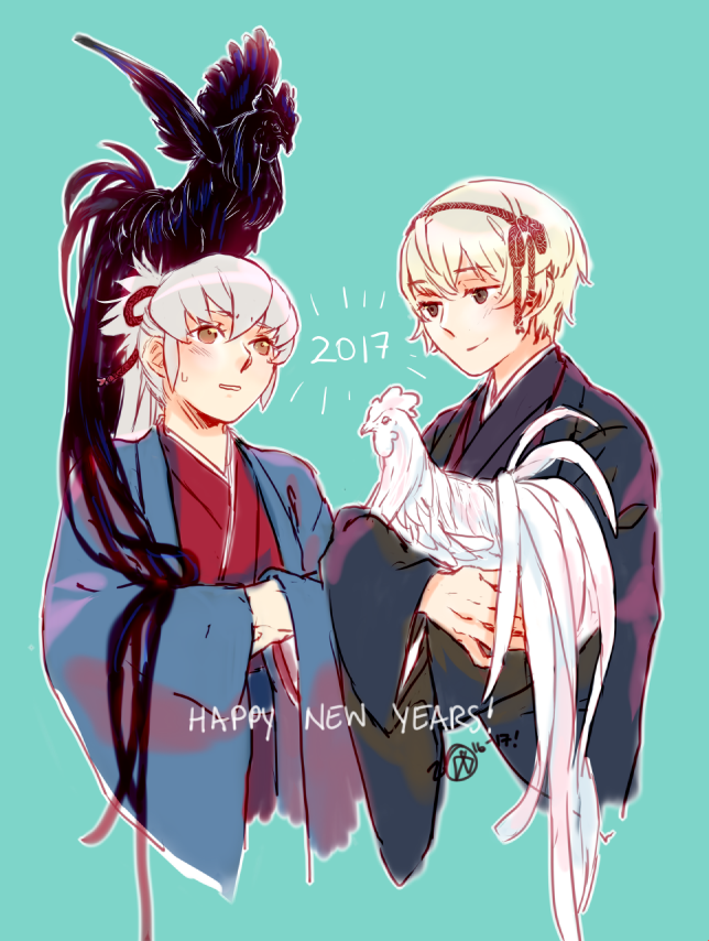 baka mandy, leo (fire emblem fates), takumi (fire emblem), fire emblem, fire emblem fates, nintendo, 2017, 2boys, bird, chicken, chinese zodiac, hair ribbon, happy new year, japanese clothes, multiple boys, new year, red ribbon, ribbon, rooster, year of the rooster