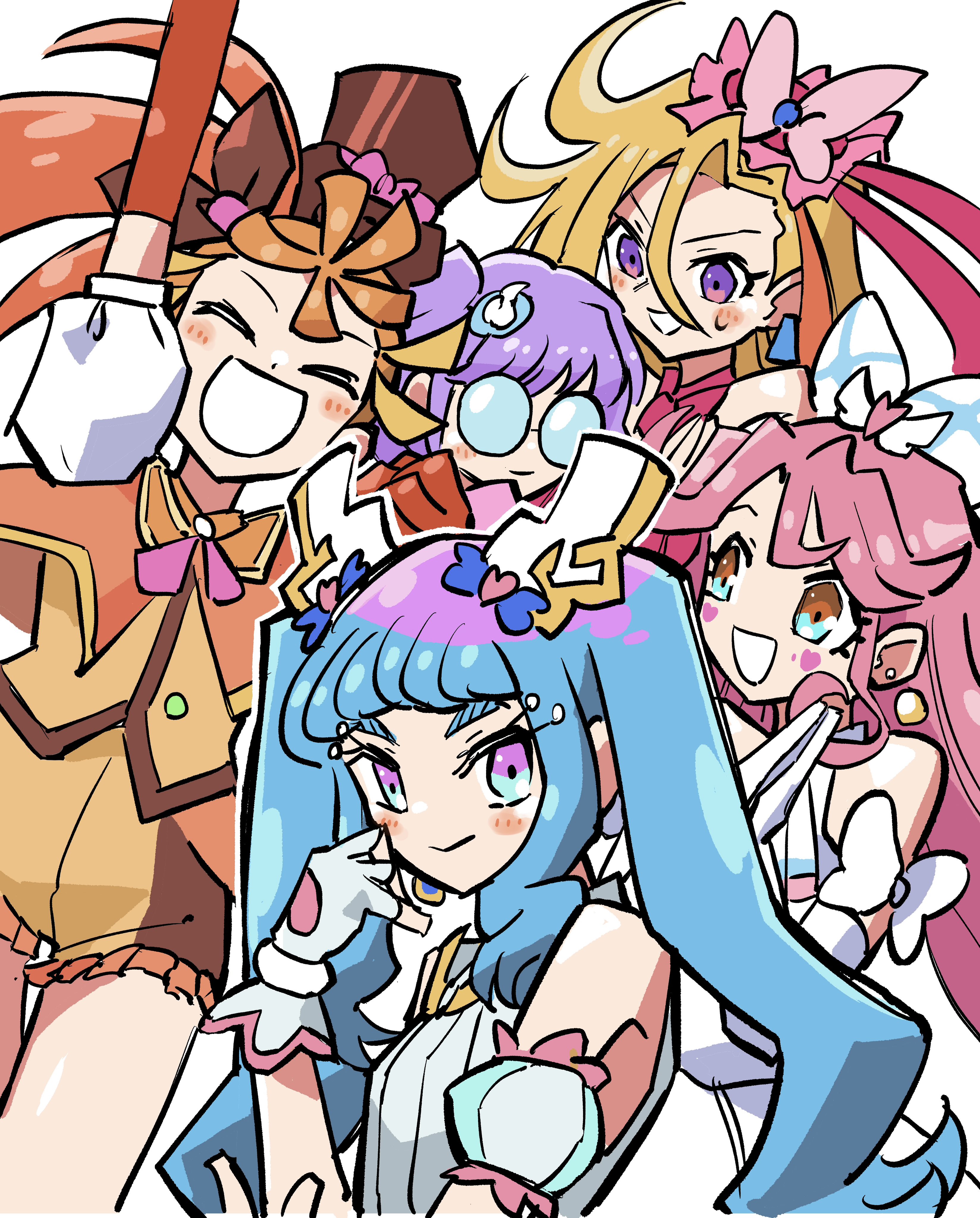 chieo, cure butterfly, cure coral, cure flamingo, cure la mer, cure majesty, cure papaya, cure prism, cure sky, cure summer, cure wink, ichinose minori, laura la mer, natsuumi manatsu, suzumura sango, takizawa asuka, hirogaru sky! precure, precure, tropical-rouge! precure, absurdres, highres, 5girls, :d, arm up, black hat, black ribbon, blonde hair, blue hair, bow, brooch, brown hair, butterfly hat ornament, closed mouth, cosplay, cure butterfly (cosplay), cure majesty (cosplay), cure prism (cosplay), cure sky (cosplay), cure wink (cosplay), dress, earrings, elbow gloves, facial mark, fingerless gloves, frilled shorts, frills, glasses, glove bow, gloves, hair bow, hair ornament, hair ribbon, hat, hat ornament, heart, jacket, jewelry, long hair, looking at another, looking at viewer, mob cap, multicolored eyes, multicolored hair, multiple girls, opaque glasses, open mouth, orange gloves, orange jacket, orange shorts, orange vest, own hands together, pink hair, pink shirt, puffy short sleeves, puffy sleeves, purple eyes, purple hair, ribbon, round eyewear, shirt, short shorts, short sleeves, shorts, side ponytail, sleeveless, sleeveless dress, smile, sweatdrop, tilted headwear, top hat, twintails, two-tone hair, two side up, vest, white background, white bow, white gloves, wing brooch, wing hair ornament