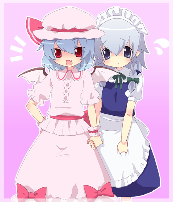 mogiki hayami, izayoi sakuya, remilia scarlet, touhou, bad id, bad pixiv id, 2girls, aged down, apron, bat wings, child, fang, female focus, hat, holding hands, maid, maid apron, multiple girls, ribbon, shy, smile, sweatdrop, wings