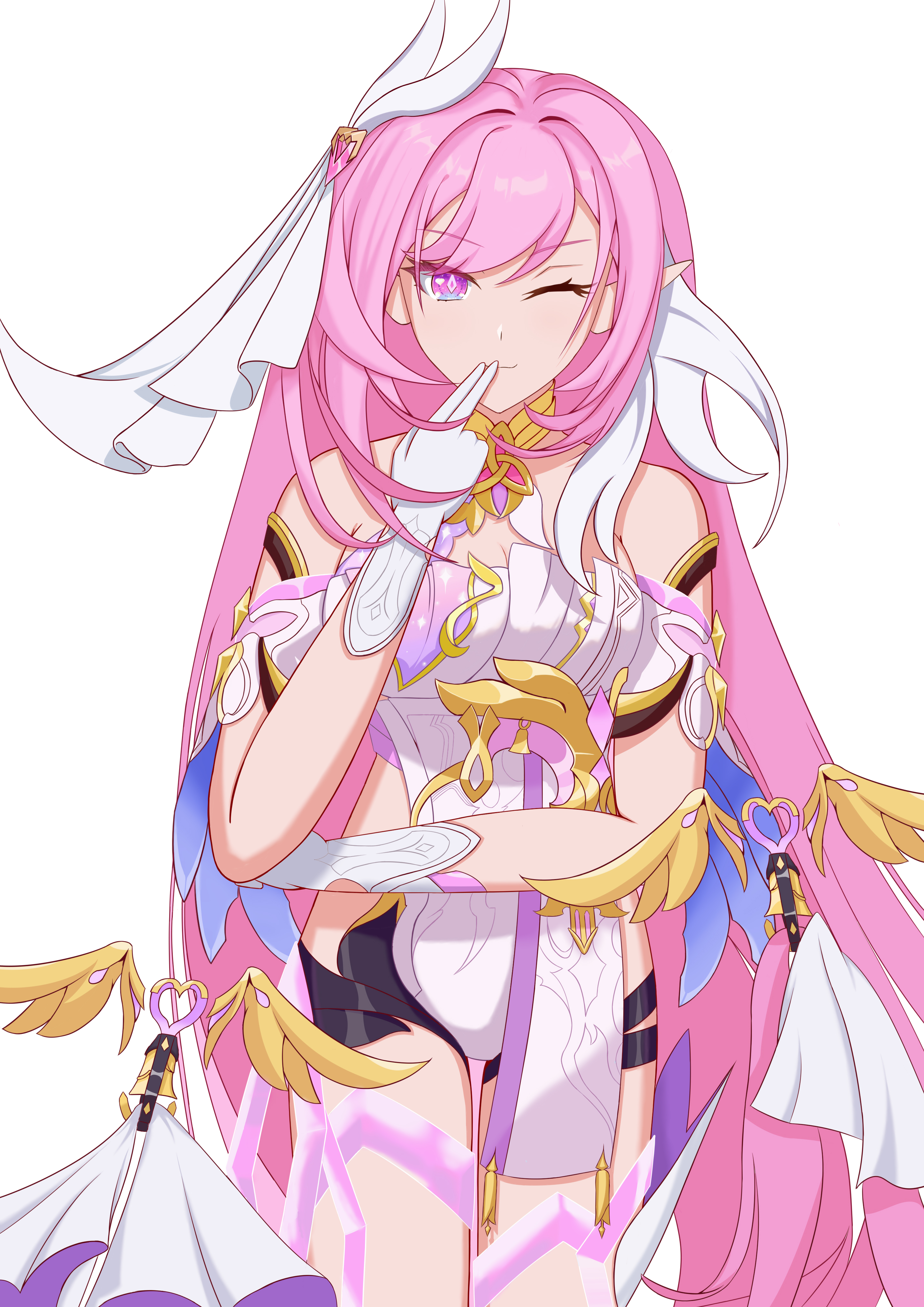 eclipse., elysia (herrscher of human: ego) (honkai impact), elysia (honkai impact), honkai (series), honkai impact 3rd, absurdres, bilingual commentary, commentary, english commentary, highres, mixed-language commentary, 1girl, ;), bare shoulders, bell, black shorts, breasts, corset, diamond-shaped pupils, diamond (shape), elf, gloves, hair ornament, large breasts, long hair, multicolored hair, one eye closed, pink hair, pointy ears, purple eyes, short shorts, shorts, simple background, smile, solo, symbol-shaped pupils, triquetra, two-tone hair, very long hair, white corset, white gloves, white hair