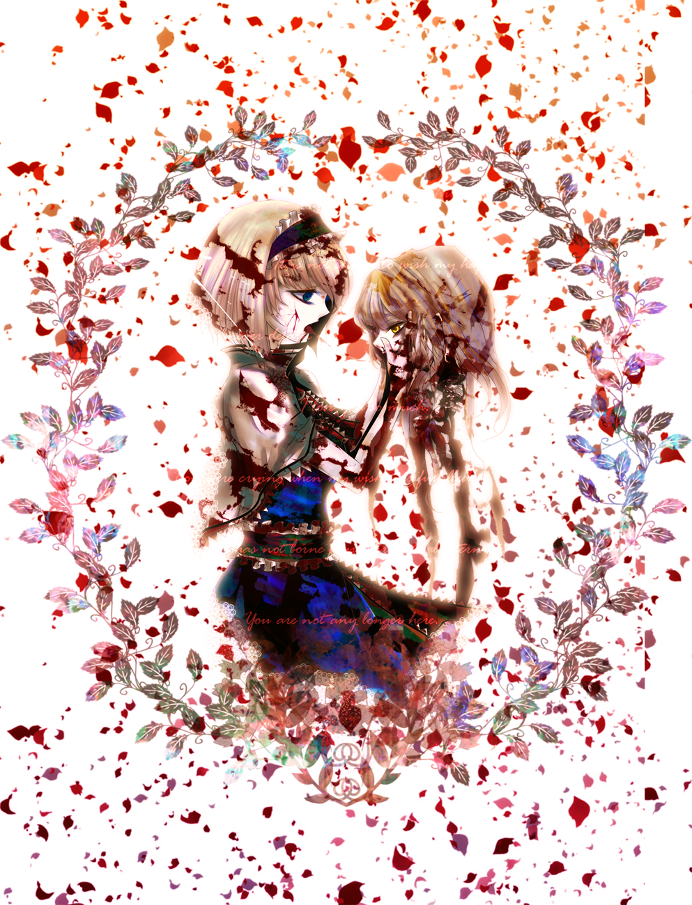 torayamato, alice margatroid, kirisame marisa, touhou, highres, md5 mismatch, resolution mismatch, source larger, blonde hair, blood, blue eyes, empty eyes, female focus, guro, hairband, petals, sad, severed head, short hair, yandere, yellow eyes
