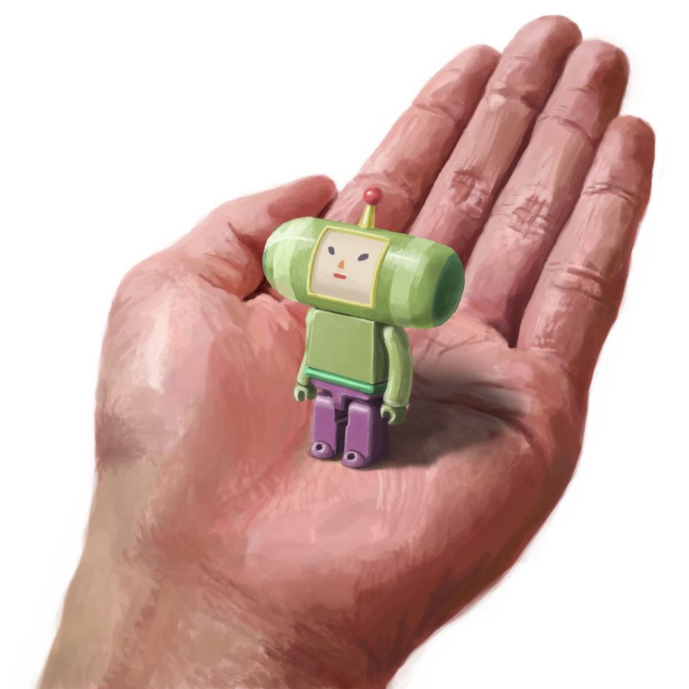 toriny, the prince, katamari damacy, kubrick, bad id, bad pixiv id, in palm, lego, realistic, standing