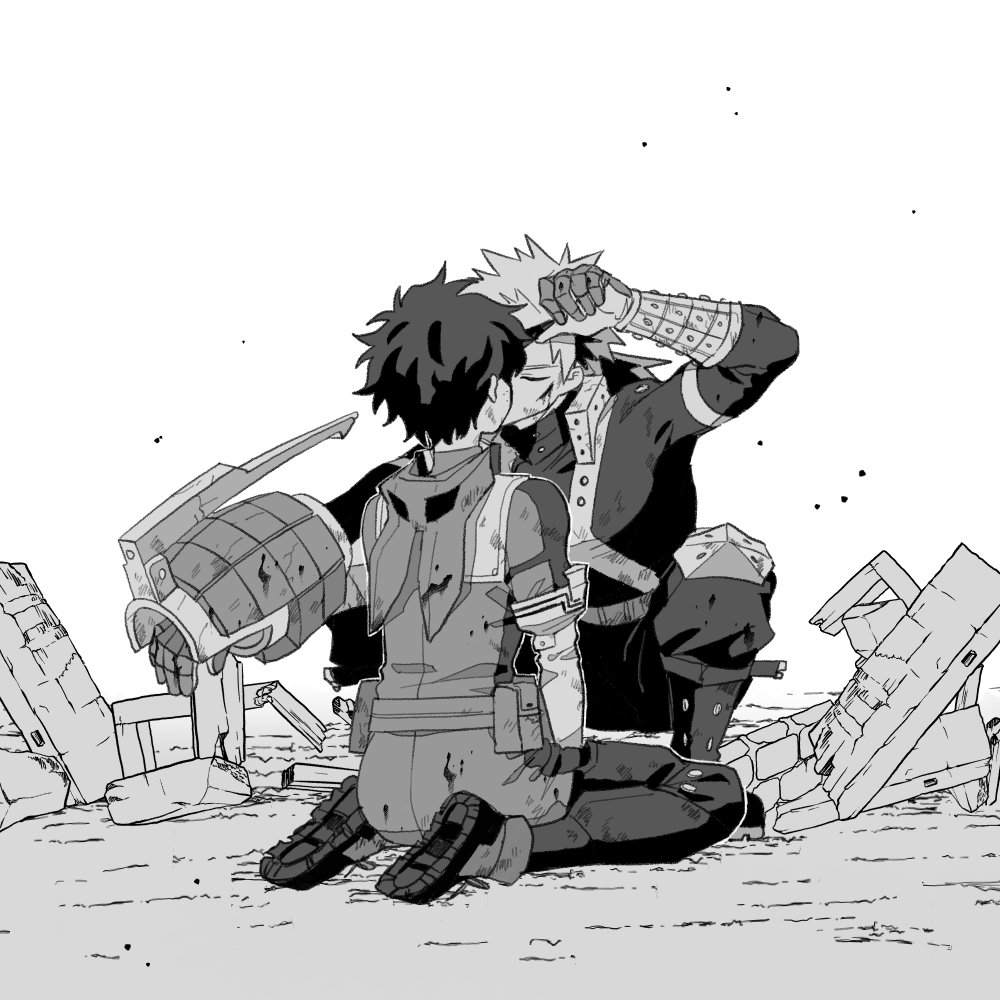 bakugou katsuki, midoriya izuku, boku no hero academia, commentary, 2boys, arm up, blood, blood on face, boots, closed eyes, cuts, debris, dirty, dirty clothes, eye mask, greyscale, hood, hood down, injury, kiss, knee pads, labhu, long sleeves, male focus, mask, mask lift, monochrome, multiple boys, sitting, superhero costume, wariza, white background, yaoi