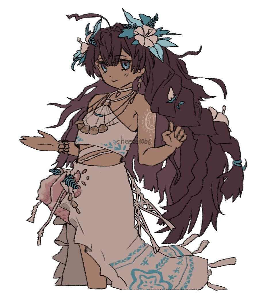 fatutu, reverse:1999, commentary, symbol-only commentary, 1girl, ahoge, blue eyes, brown hair, chideu, dark-skinned female, dark skin, flower, hair flower, hair ornament, halter shirt, halterneck, hands up, jewelry, leaf hair ornament, long hair, long skirt, midriff, necklace, shell, shell bracelet, shell necklace, shirt, shoulder tattoo, skirt, sleeveless, sleeveless shirt, smile, solo, tattoo, upper body, white background, white flower, white shirt, white skirt
