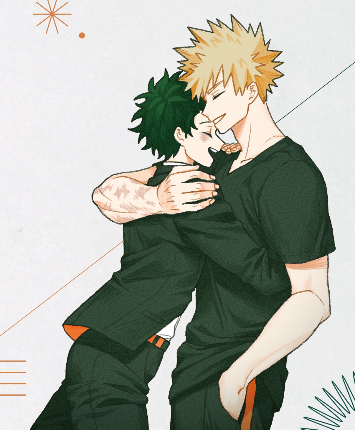 bakugou katsuki, midoriya izuku, boku no hero academia, hashtag-only commentary, highres, 2boys, arm around shoulder, belt, black jacket, black pants, black shirt, blonde hair, closed eyes, crew neck, dutch angle, green hair, hand in pocket, hand on another's shoulder, jacket, labhu, male focus, multiple boys, multiple scars, open mouth, orange belt, pants, scar, scar on arm, shirt, short sleeves, smile, spiked hair, suit jacket, yaoi