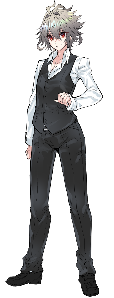 haoro, sieg (fate), fate/apocrypha, fate (series), commentary request, highres, 1boy, antenna hair, black pants, black vest, bulge, dress shirt, full body, grey hair, hair between eyes, male focus, messy hair, pants, red eyes, shirt, short hair, solo, vest, white shirt