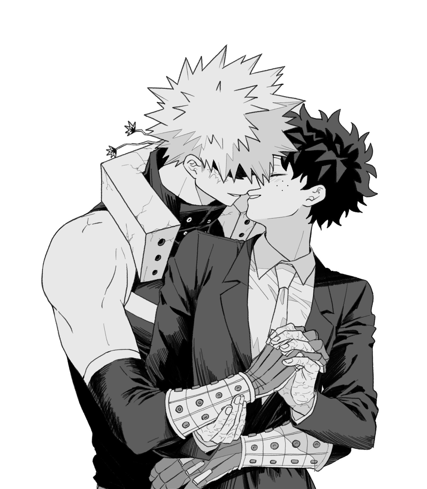 bakugou katsuki, midoriya izuku, boku no hero academia, commentary request, highres, korean commentary, 2boys, arm around waist, bare shoulders, closed eyes, collared shirt, detached sleeves, eye mask, freckles, gloves, greyscale, imminent kiss, interlocked fingers, jacket, labhu, lapels, male focus, mask, monochrome, multiple boys, necktie, notched lapels, open clothes, open jacket, scar, scar on hand, shirt, short hair, simple background, smile, spiked hair, suit jacket, superhero costume, white background, wing collar, yaoi