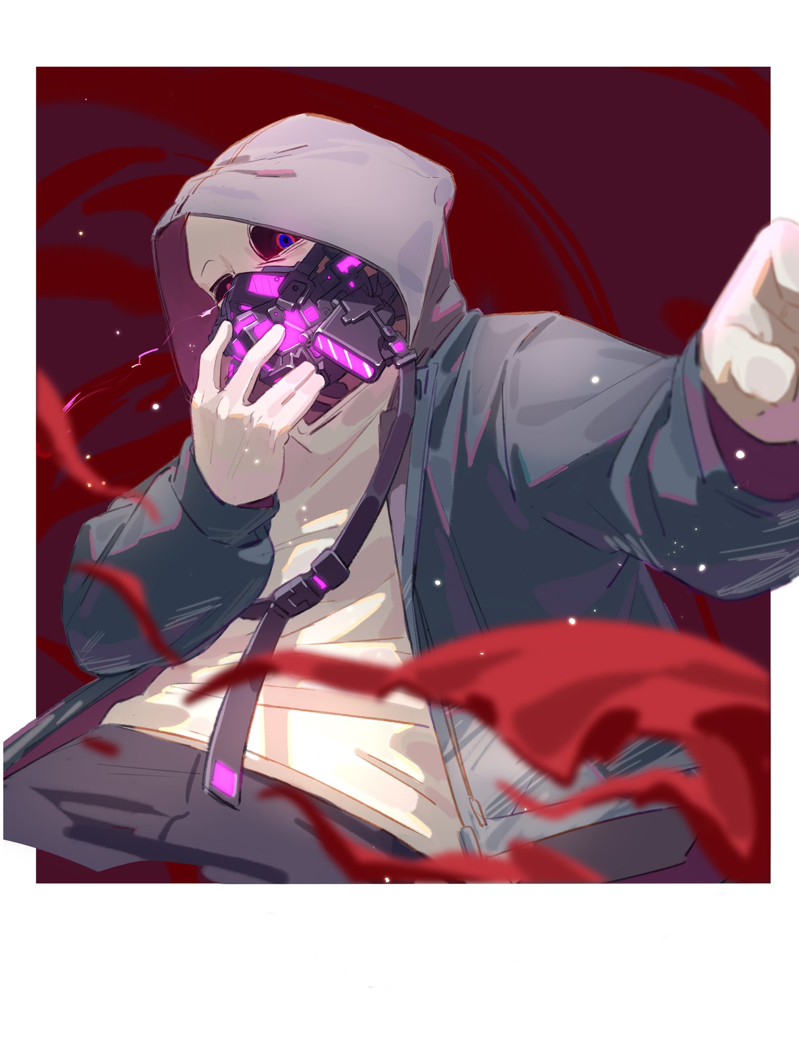 asaiiro, sans (undertale), dusttale, commentary, english commentary, highres, 1other, alternate universe, black sclera, blue eyes, blue hoodie, blurry, blurry foreground, border, colored sclera, facing to the side, gas mask, gloves, grey hood, grey shorts, hand to own mouth, hood, hood up, hoodie, light particles, looking down, mask, open clothes, open hoodie, outside border, outstretched arm, red background, shirt, shorts, skeleton, smoke, strap, white border, white gloves, white shirt