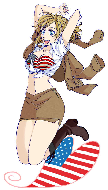 america (hetalia), axis powers hetalia, gender request, tagme, 1girl, american flag, american flag bikini, american flag print, bikini, blonde hair, blue eyes, boots, female focus, flag print, flag print bikini, formal clothes, genderswap, heart, midriff, military, military uniform, miniskirt, pencil skirt, print bikini, shirt, simple background, skirt, skirt suit, solo, suit, swimsuit, tied shirt, white background