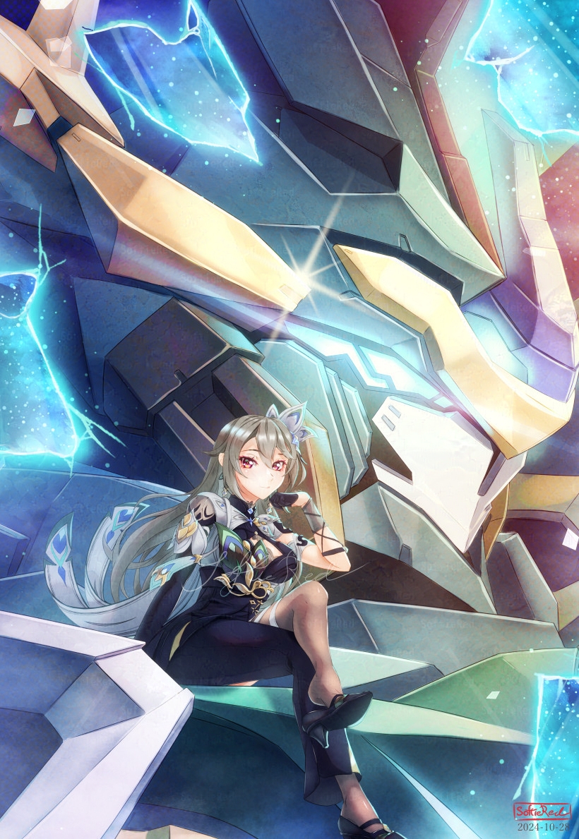 softiered, vita (honkai impact), vita (lone planetfarer) (honkai impact), honkai (series), honkai impact 3rd, 1girl, green hair, looking at viewer, mecha, pantyhose, red eyes, robot, sitting, star traveler