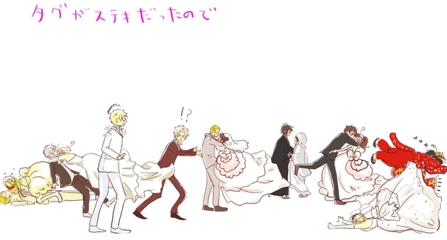 america (hetalia), china (hetalia), denmark (hetalia), finland (hetalia), germany (hetalia), greece (hetalia), iceland (hetalia), japan (hetalia), korea (hetalia), northern italy (hetalia), norway (hetalia), southern italy (hetalia), spain (hetalia), sweden (hetalia), united kingdom (hetalia), axis powers hetalia, gender request, translation request, !?, 6+boys, 6+girls, ^^^, ahoge, black hair, blonde hair, brown hair, dress, genderswap, glasses, multiple boys, multiple girls, wedding dress