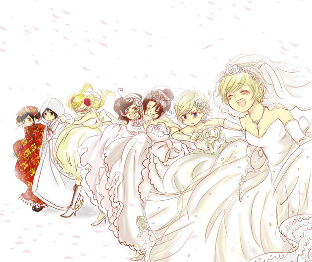 china (hetalia), finland (hetalia), japan (hetalia), northern italy (hetalia), norway (hetalia), southern italy (hetalia), united kingdom (hetalia), axis powers hetalia, gender request, 6+girls, ahoge, black eyes, black hair, blonde hair, blue eyes, blush, brown eyes, brown hair, dress, flower, genderswap, glasses, green eyes, multiple girls, rose, twintails, wedding dress