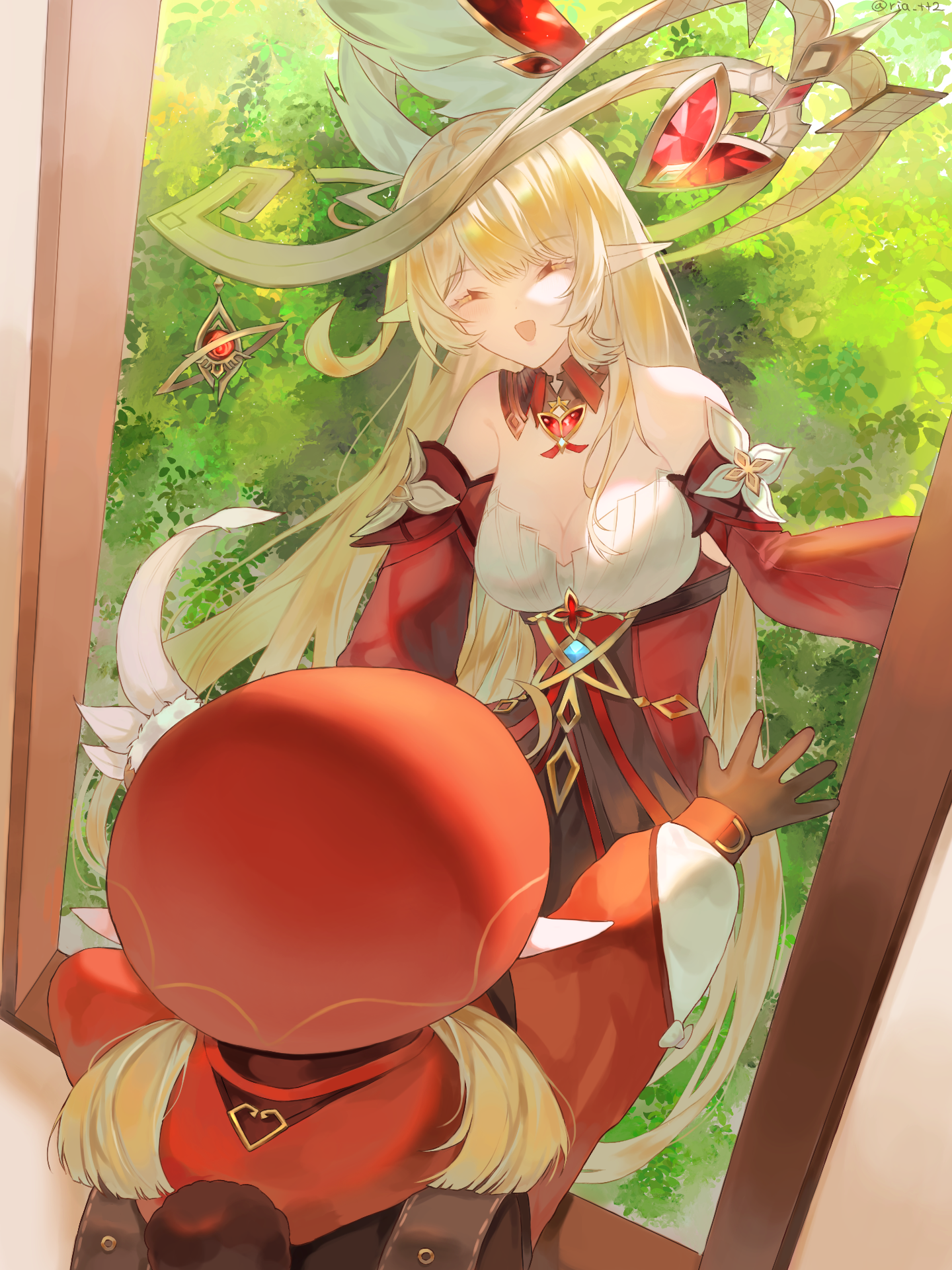 alice (genshin impact), klee (genshin impact), genshin impact, commentary request, highres, 2girls, :d, backpack, bag, bare shoulders, blonde hair, breasts, brown gloves, closed eyes, closed mouth, detached sleeves, dress, gloves, gold halo, hat, large breasts, long hair, mother and daughter, multiple girls, open mouth, pointy ears, red dress, red hat, red sleeves, ria (ria tt2), smile, twintails, very long hair, vision (genshin impact), window