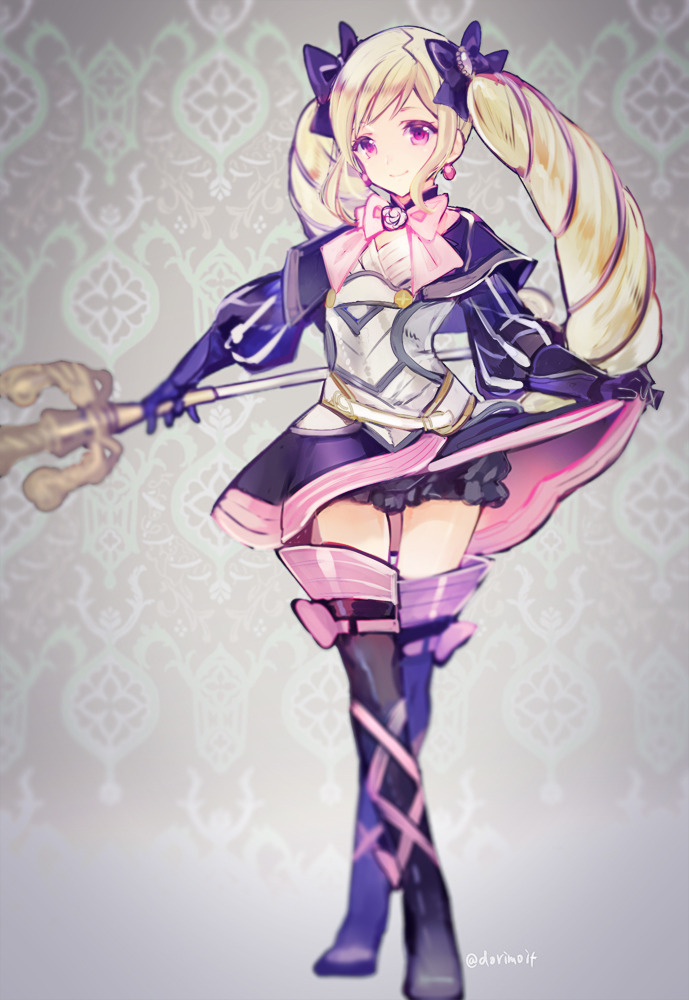miyuki ruria, elise (fire emblem), fire emblem, fire emblem fates, nintendo, 1girl, black bow, blonde hair, bow, drill hair, earrings, hair bow, holding, holding staff, jewelry, long hair, looking at viewer, purple eyes, purple hair, staff, twin drills, twintails