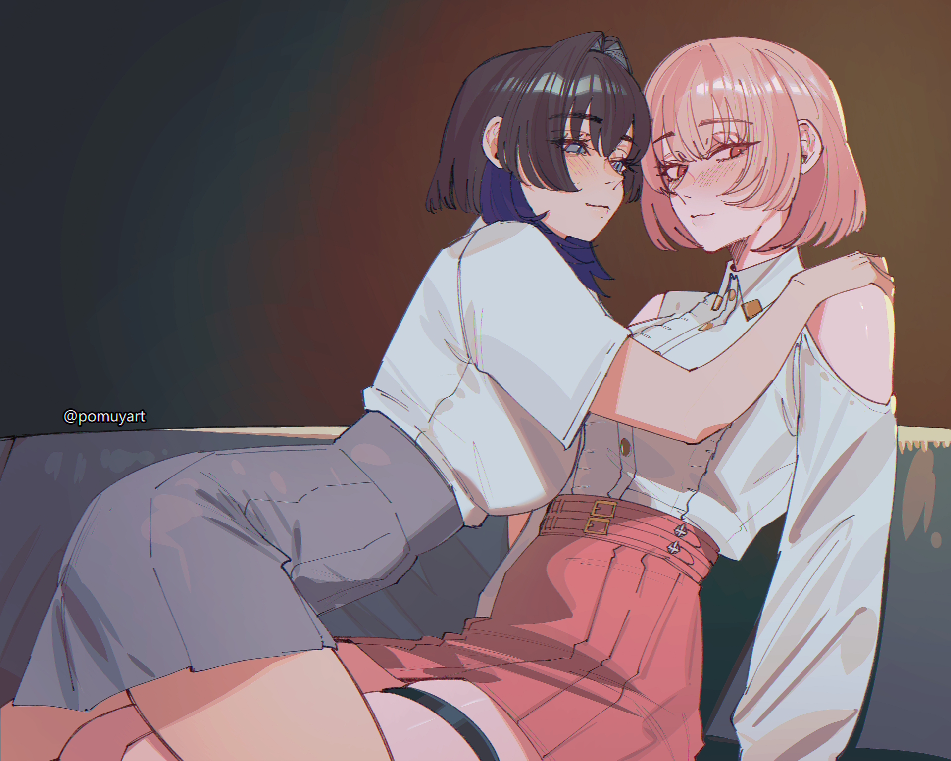 pomuya, mori calliope, mori calliope (kawaiiope), ouro kronii, hololive, hololive english, highres, averting eyes, black hair, blue eyes, blue hair, blue skirt, blunt bangs, breasts, closed mouth, clothing cutout, collared shirt, colored inner hair, couch, hand on another's shoulder, high-waist skirt, indoors, large breasts, long sleeves, looking at another, miniskirt, multicolored hair, official alternate costume, official alternate hairstyle, on couch, pink eyes, pink hair, pink skirt, pleated skirt, shirt, shirt tucked in, shoulder cutout, sitting, skirt, t-shirt, thigh strap, virtual youtuber, white shirt