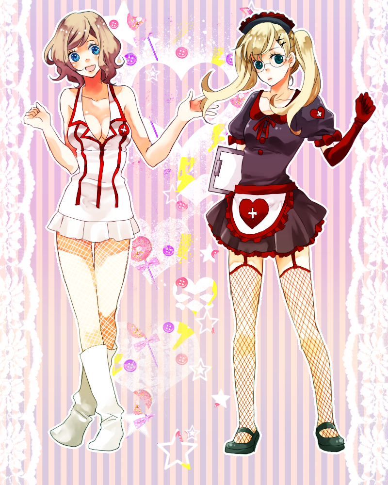 america (hetalia), united kingdom (hetalia), axis powers hetalia, gender request, 2girls, blonde hair, blue eyes, fishnets, genderswap, green eyes, multiple girls, thighhighs, zettai ryouiki