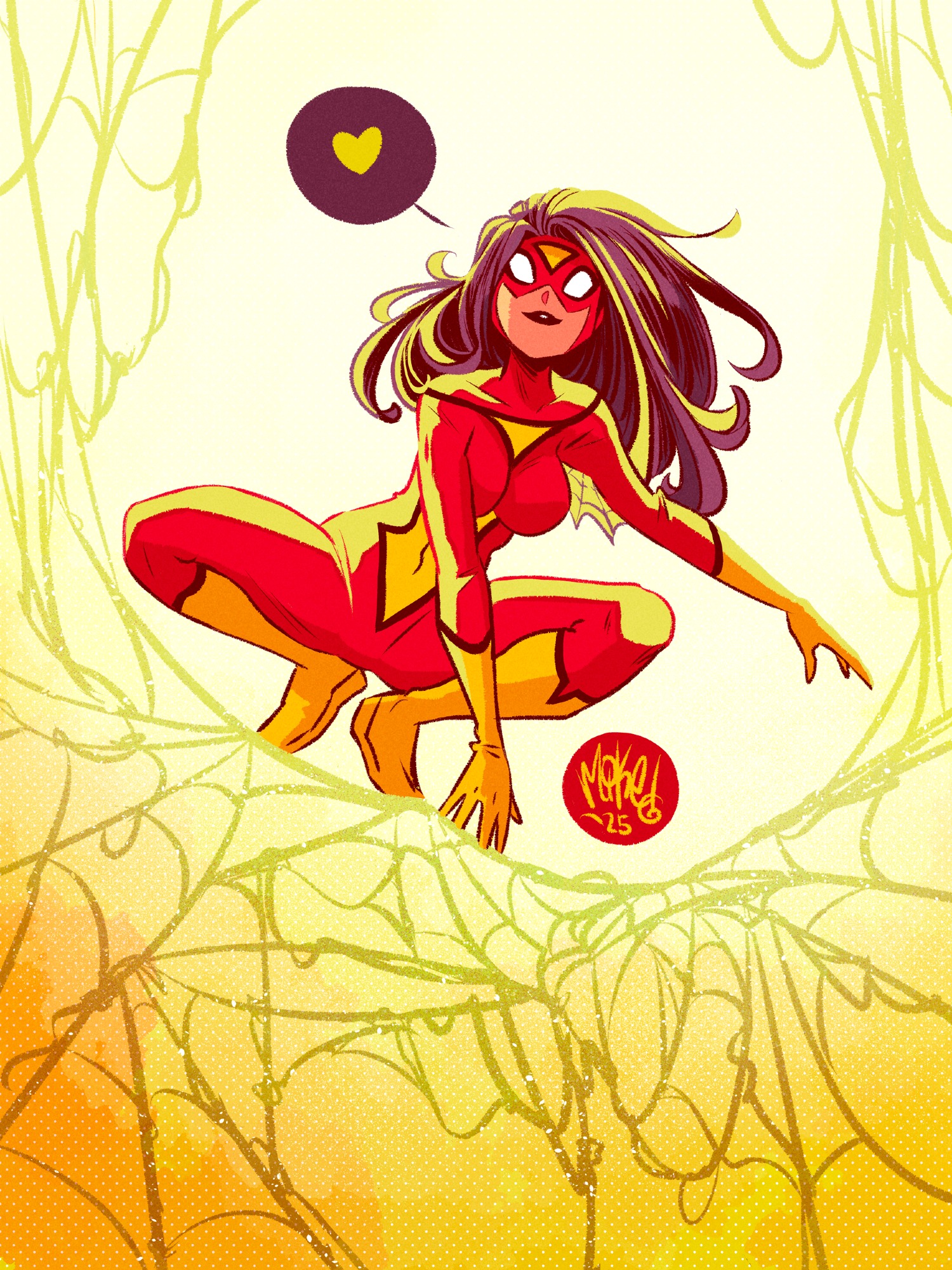 mikemaihack, jessica drew, spider-woman, marvel, spider-man (series), alt text, commentary, english commentary, highres, 1girl, artist name, ben-day dots, black hair, black lips, blank eyes, bodysuit, boots, breasts, covered navel, dated, gloves, heart, large breasts, long hair, mask, multicolored bodysuit, parted lips, red bodysuit, screentones, silk, simple background, skin tight, solo, speech bubble, spider web, spoken heart, superhero costume, two-tone bodysuit, yellow bodysuit, yellow boots, yellow gloves