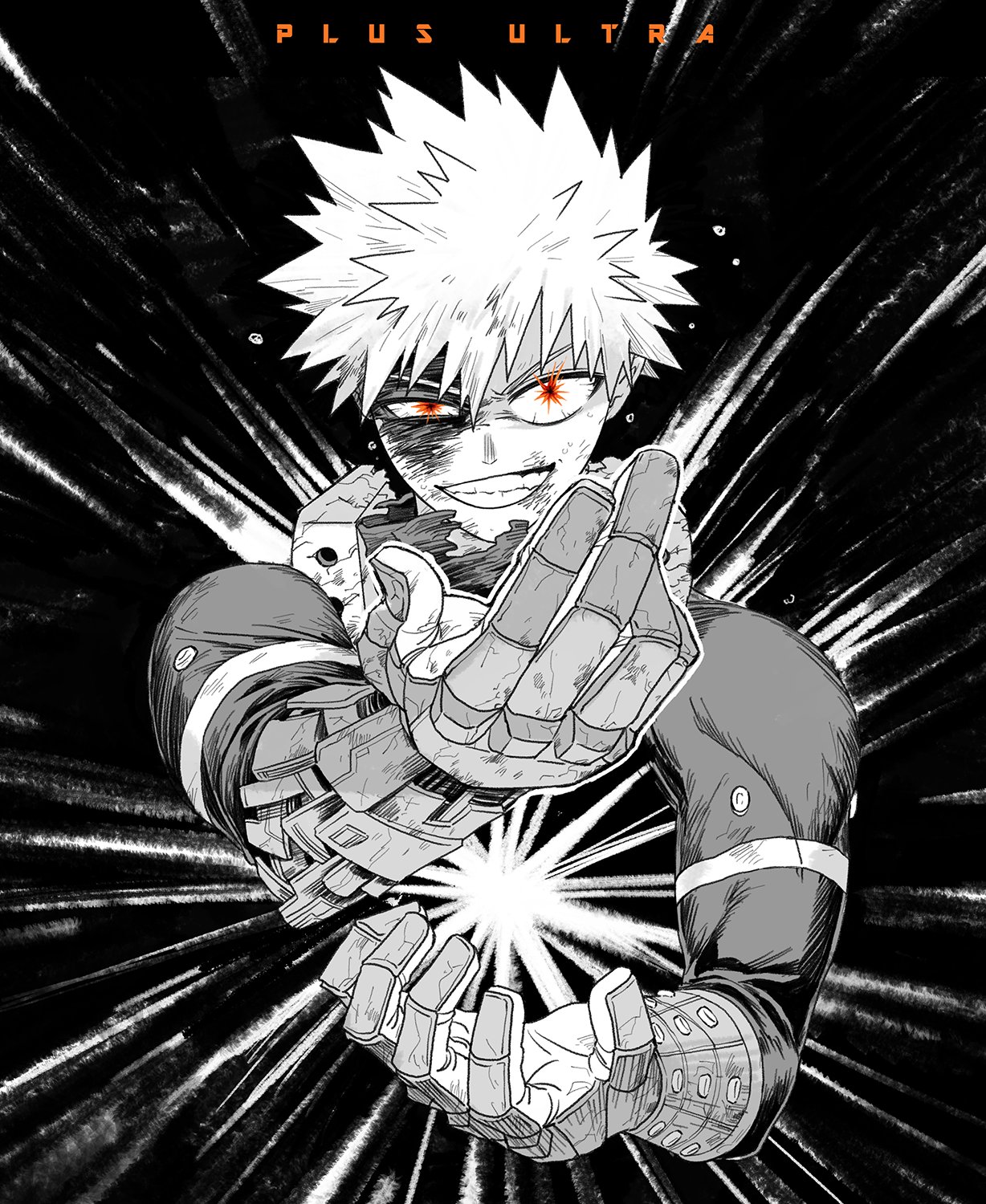 bakugou katsuki, boku no hero academia, commentary request, highres, 1boy, arms up, blood, blood on face, bruise, bruise on face, gloves, greyscale, grin, injury, labhu, long sleeves, looking at viewer, male focus, monochrome, orange eyes, smile, solo, spot color, superhero costume, torn clothes, uneven eyes