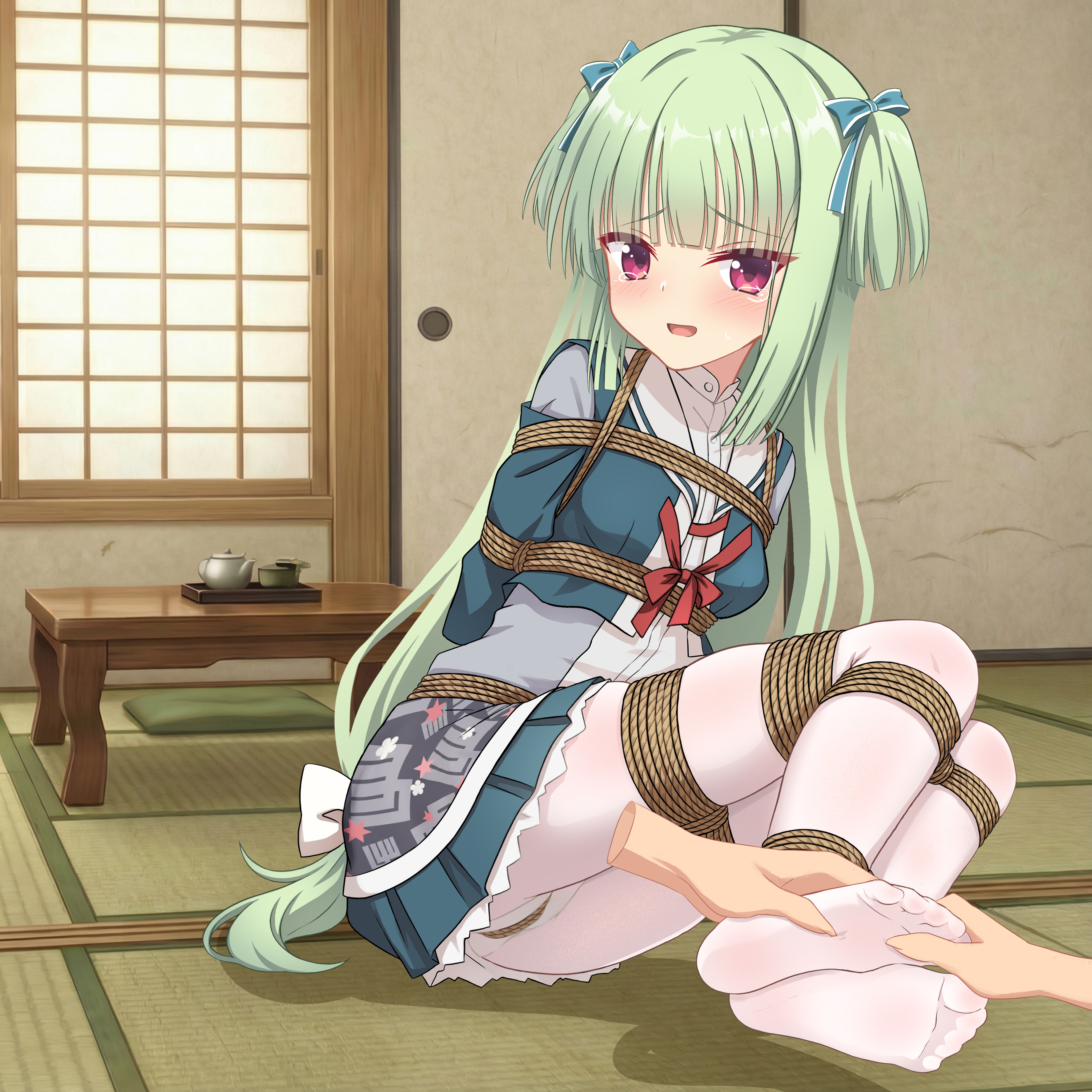 meitoku, murasame (senren), senren banka, absurdres, chinese commentary, commentary, commission, highres, second-party source, variant set, 1girl, 1other, :d, aqua bow, architecture, arms behind back, bdsm, blunt bangs, blunt ends, blush, bondage, bound, bound arms, bound legs, bound thighs, bound torso, bow, bowtie, breasts, crotch rope, cushion, disembodied hand, east asian architecture, eyes visible through hair, feet, frilled skirt, frills, full body, furrowed brow, green hair, green jacket, green serafuku, green skirt, hair bow, hime cut, indoors, jacket, legs, legs together, long hair, long sleeves, looking at viewer, low-tied long hair, miniskirt, no shoes, official alternate costume, on floor, open clothes, open jacket, open mouth, panties, panties under pantyhose, pantyhose, pleated skirt, pov, pov hands, red bow, red bowtie, red eyes, rope, sailor collar, school uniform, serafuku, shadow, shibari, shibari over clothes, shirt, sidelocks, sitting, skirt, small breasts, smile, soles, solo focus, story in commentary, straight hair, table, tatami, tearing up, thighs, tickling, tickling feet, toes, tsurime, two side up, underwear, very long hair, white bow, white pantyhose, white sailor collar, white shirt