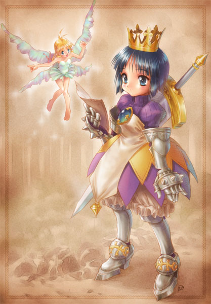 goto p, arlia, gradriel, kashiwagi hatsune, kashiwagi kaede, kizuato, princess crown, 2girls, antenna hair, arlia (cosplay), armored boots, barefoot, black hair, blonde hair, bloomers, blue eyes, bob cut, boots, brooch, closed mouth, cosplay, crown, dress, fairy, fairy wings, flying, full body, gauntlets, gradriel (cosplay), greatsword, holding, holding map, jewelry, long hair, looking at another, looking at map, map, multiple girls, open mouth, purple dress, short hair, signature, smile, standing, strapless, strapless dress, sword, sword on back, underwear, weapon, weapon on back, white bloomers, white dress, wings