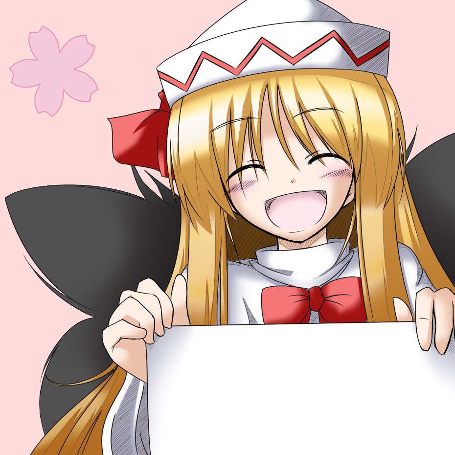 masu shu, lily white, touhou, 1girl, bow, female focus, hat, sign, sign holding, smile, solo, template, upper body, wings