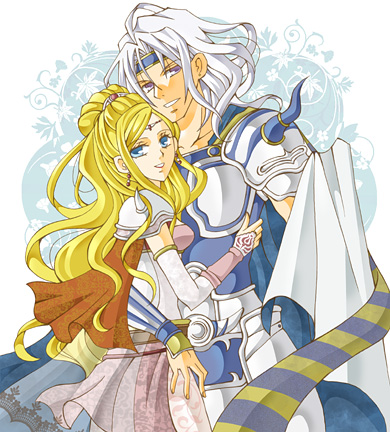 aosena, cecil harvey, rosa farrell, final fantasy, final fantasy iv, lowres, 1990s (style), 1boy, 1girl, armor, blonde hair, blue eyes, bridal gauntlets, cape, couple, earrings, hair ornament, jewelry, leotard, long hair, purple eyes, shoulder pads, smile, tiara, white hair