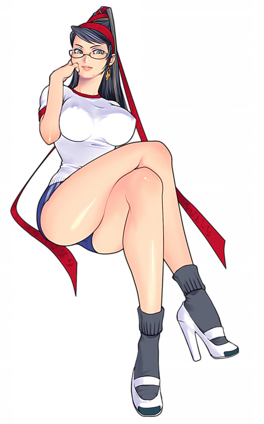 tokisige, bayonetta, bayonetta (series), bayonetta 1, 1girl, black eyes, black hair, blue eyes, breasts, buruma, covered erect nipples, crossed legs, earrings, female focus, glasses, gym uniform, hair bun, hair ribbon, high heels, jewelry, legs, lips, long hair, mole, mole under mouth, red ribbon, ribbon, shirt, shoes, single hair bun, sitting, small breasts, socks, solo, white shirt