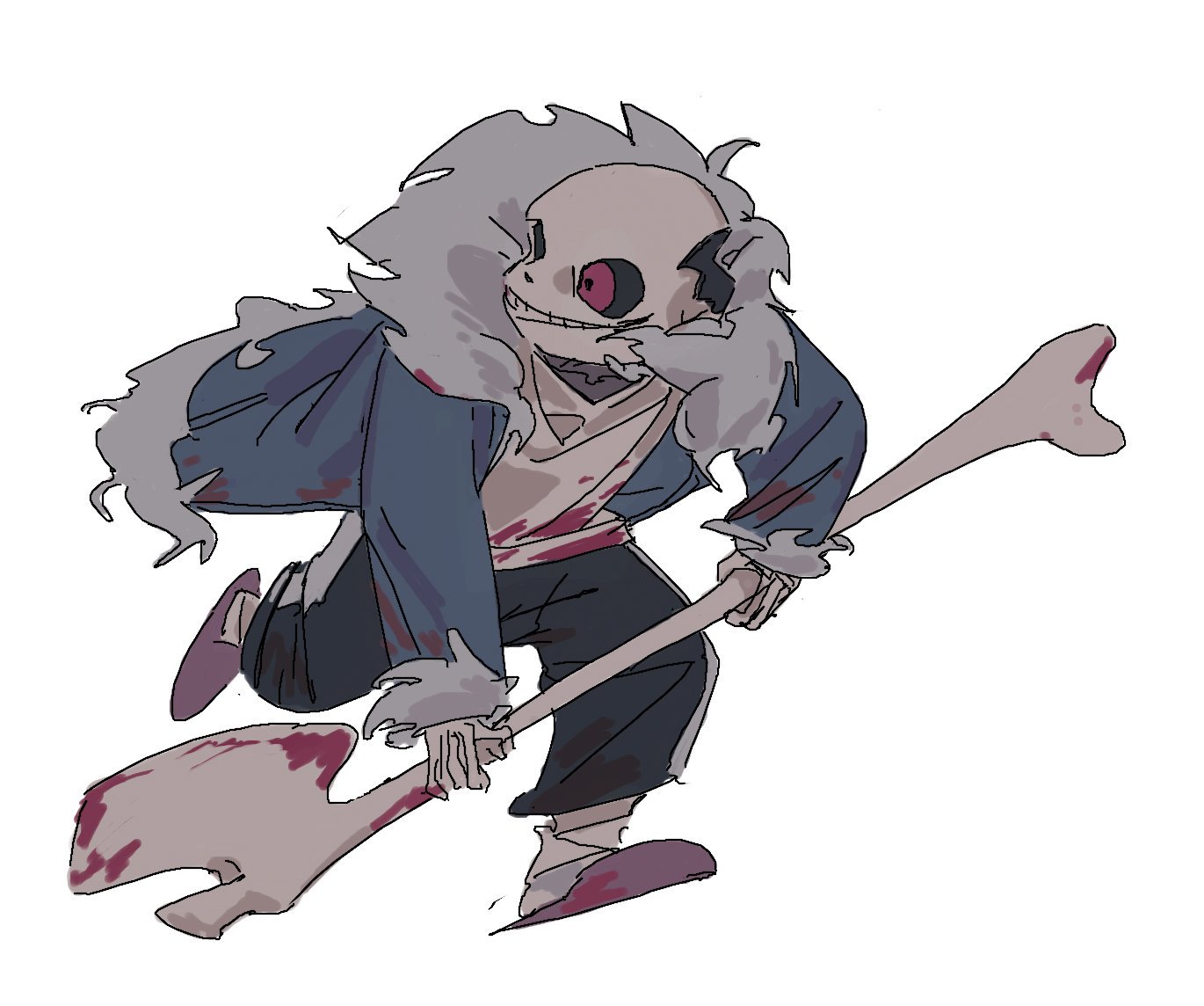 asaiiro, sans (undertale), horrortale, undertale, utdr (toby fox), commentary, 1other, alternate universe, axe, black pants, black sclera, blood, blood on clothes, blood on face, blood on shoes, bloody weapon, blue hoodie, bone, broken skull, colored sclera, fur-trimmed hoodie, fur trim, holding, holding axe, holding bone, hood, hoodie, horror (theme), jacket, looking back, open clothes, open hoodie, pants, pink slippers, red eyes, running, shirt, slippers, torn clothes, torn jacket, turning head, weapon, white background, white shirt