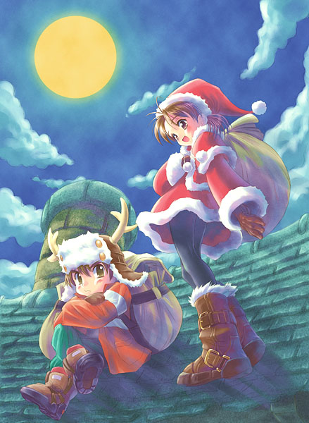 goto p, original, 1boy, 1girl, antlers, backpack, bag, black pantyhose, blue sky, boots, brown bag, brown boots, brown eyes, brown gloves, brown hair, brown hat, chimney, christmas, cloud, crossed arms, dress, fake horns, full moon, fur-trimmed boots, fur-trimmed dress, fur-trimmed headwear, fur-trimmed jacket, fur trim, gloves, green pants, hat, holding, holding sack, horns, jacket, looking at another, moon, night, on roof, open mouth, outdoors, pants, pantyhose, pom pom (clothes), red dress, red hat, red jacket, reindeer antlers, sack, santa costume, santa hat, short hair, sitting, sky, smile, standing, ushanka