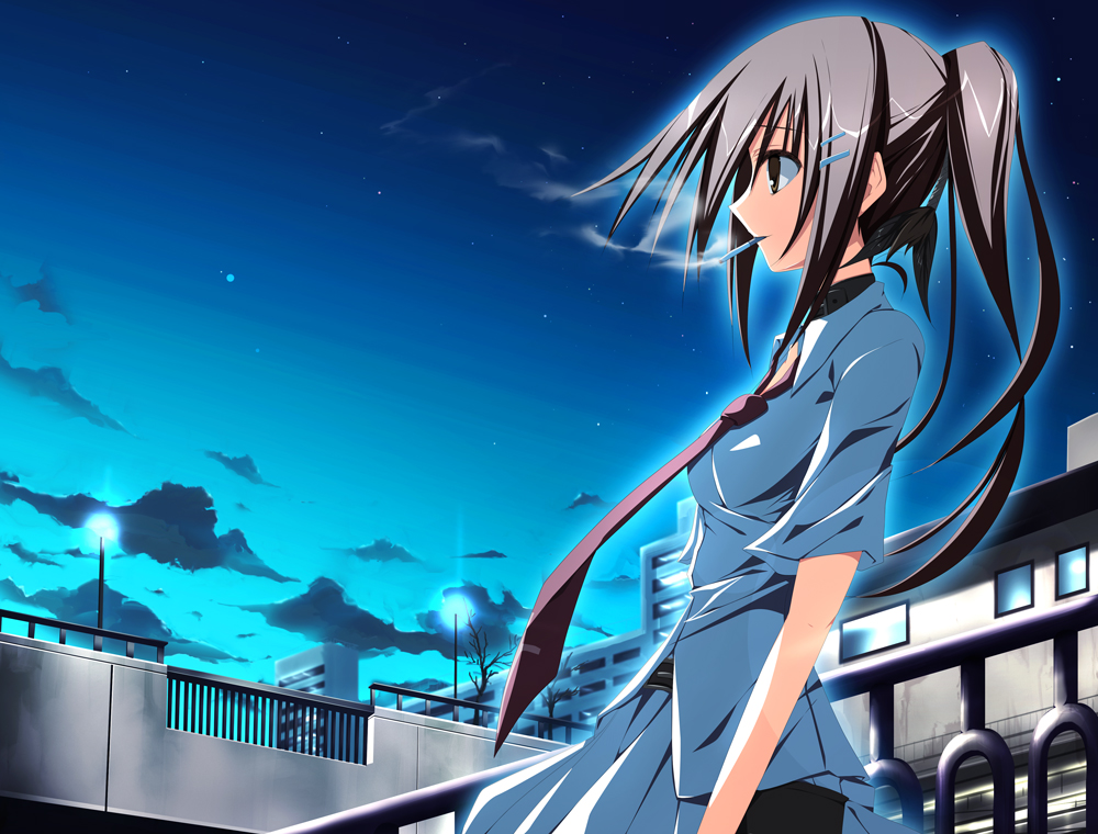 kine-c, minakami yuki, subarashiki hibi, bad id, bad pixiv id, brown eyes, brown hair, cigarette, hair ornament, hairclip, necktie, ponytail, smoking, solo, wind