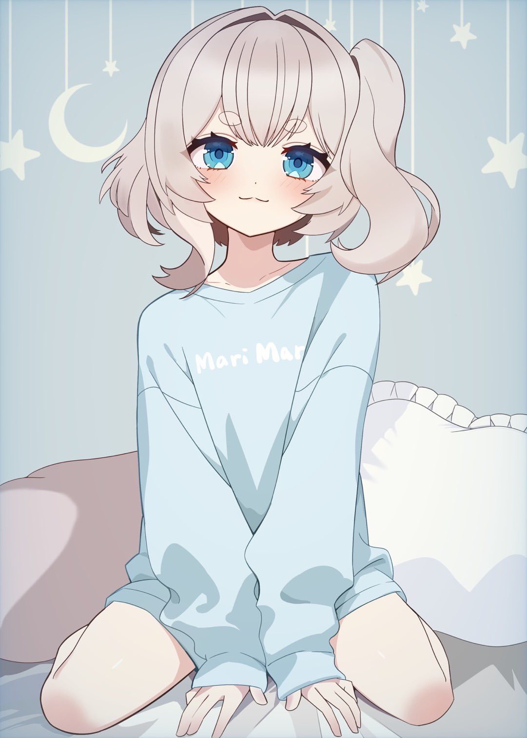 tsukasa12598, marimari (vtuber), phase connect, highres, 1girl, :3, blonde hair, blue background, blue eyes, blue sweater, blush, collarbone, dot nose, hair intakes, hand between thighs, looking at viewer, medium hair, pillow, side ponytail, simple background, sitting, solo, star (symbol), star symbol background, sweater, thighs, virtual youtuber, wariza