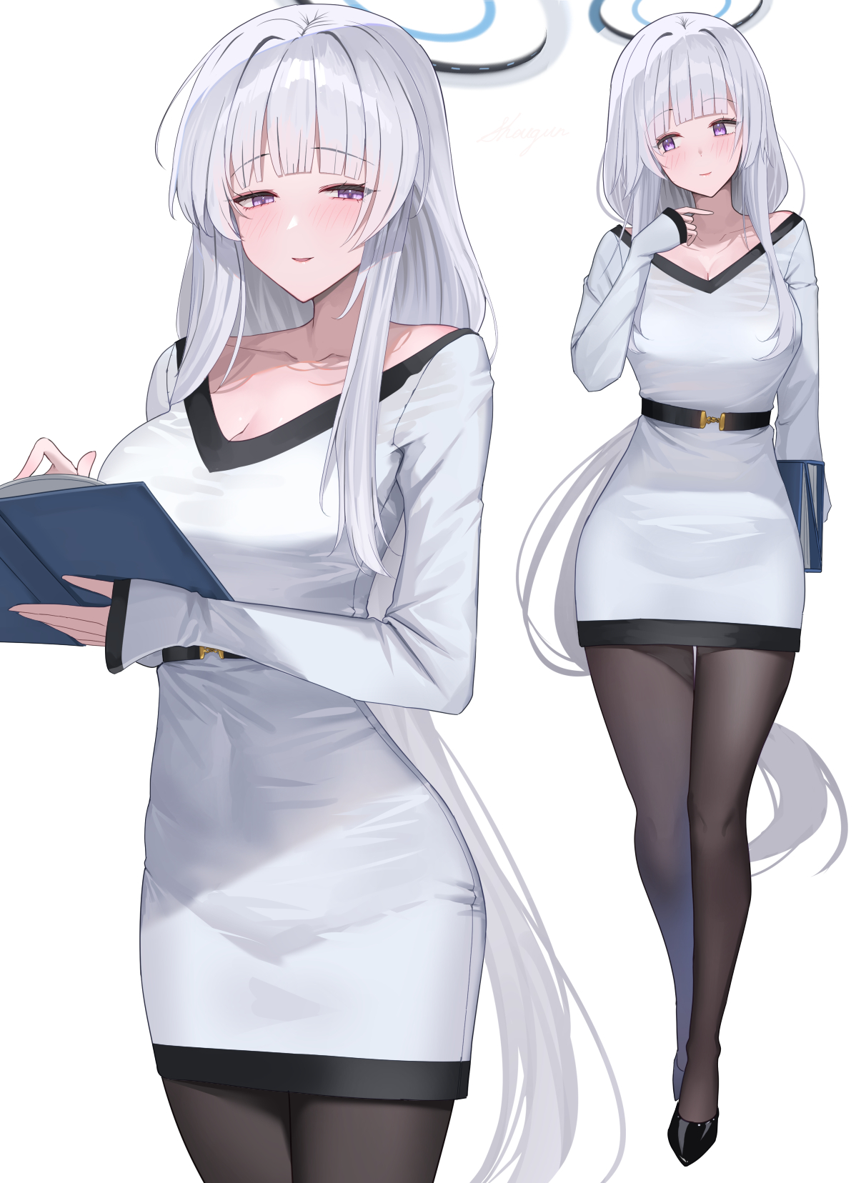 shougun (chuckni1), noa (blue archive), blue archive, commentary request, highres, 1girl, alternate costume, averting eyes, belt, black belt, black pantyhose, black shoes, black trim, book, breasts, cleavage, closed mouth, cowboy shot, dress, full body, halo, hand up, holding, holding book, large breasts, long hair, looking at viewer, mechanical halo, multiple views, open book, pantyhose, parted lips, ponytail, purple eyes, shoes, short dress, simple background, sleeves past wrists, smile, very long hair, white background, white dress, white hair
