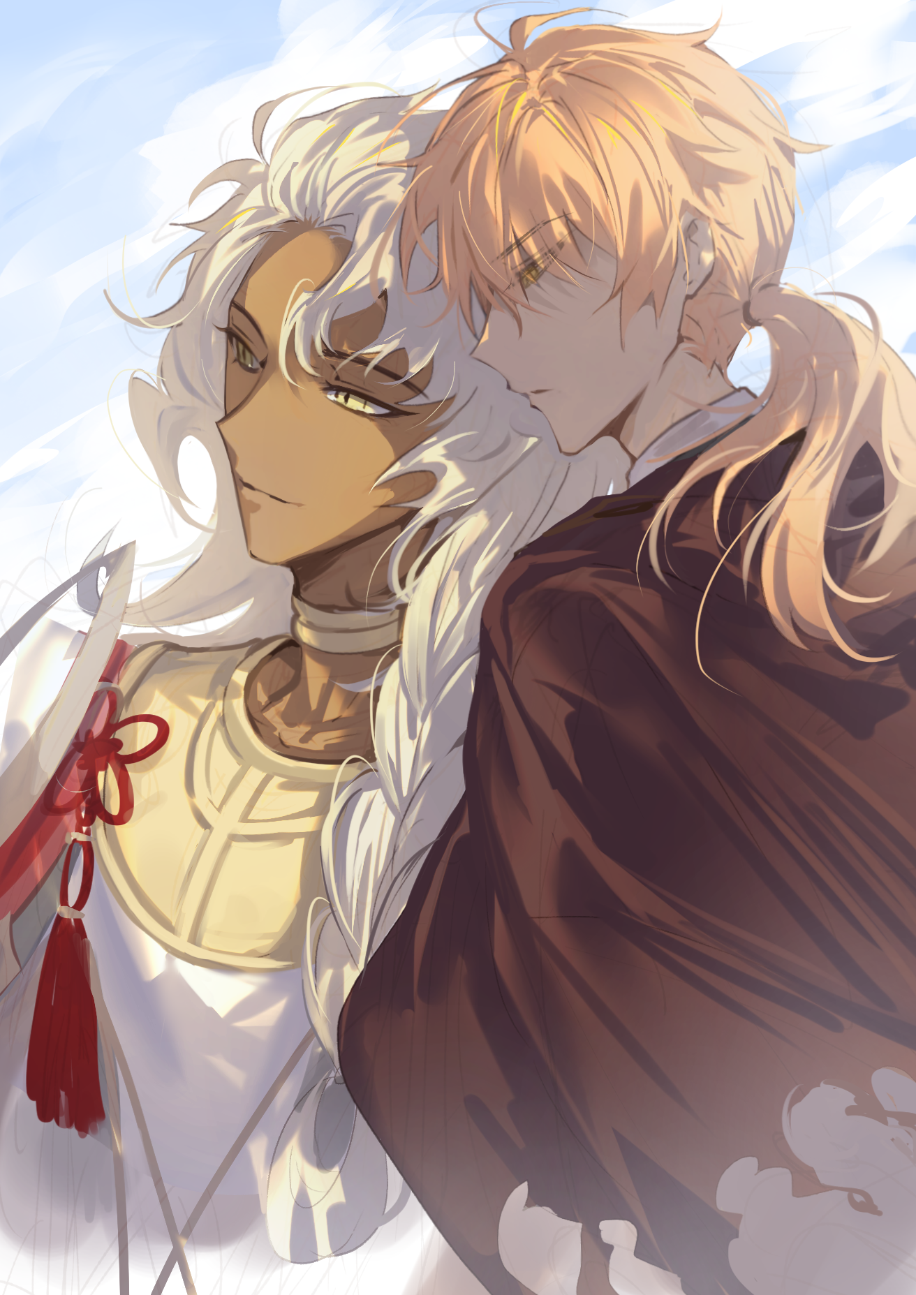 muneomon (takomon), solomon (fate), fate/grand order, fate (series), commentary request, highres, 2boys, braid, chaldea no mono, cloak, closed mouth, dark-skinned male, dark skin, hair between eyes, jewelry, long hair, long sleeves, low ponytail, male focus, multiple boys, neck ring, orange hair, ponytail, single braid, smile, torn clothes, very long hair, white hair, yellow eyes