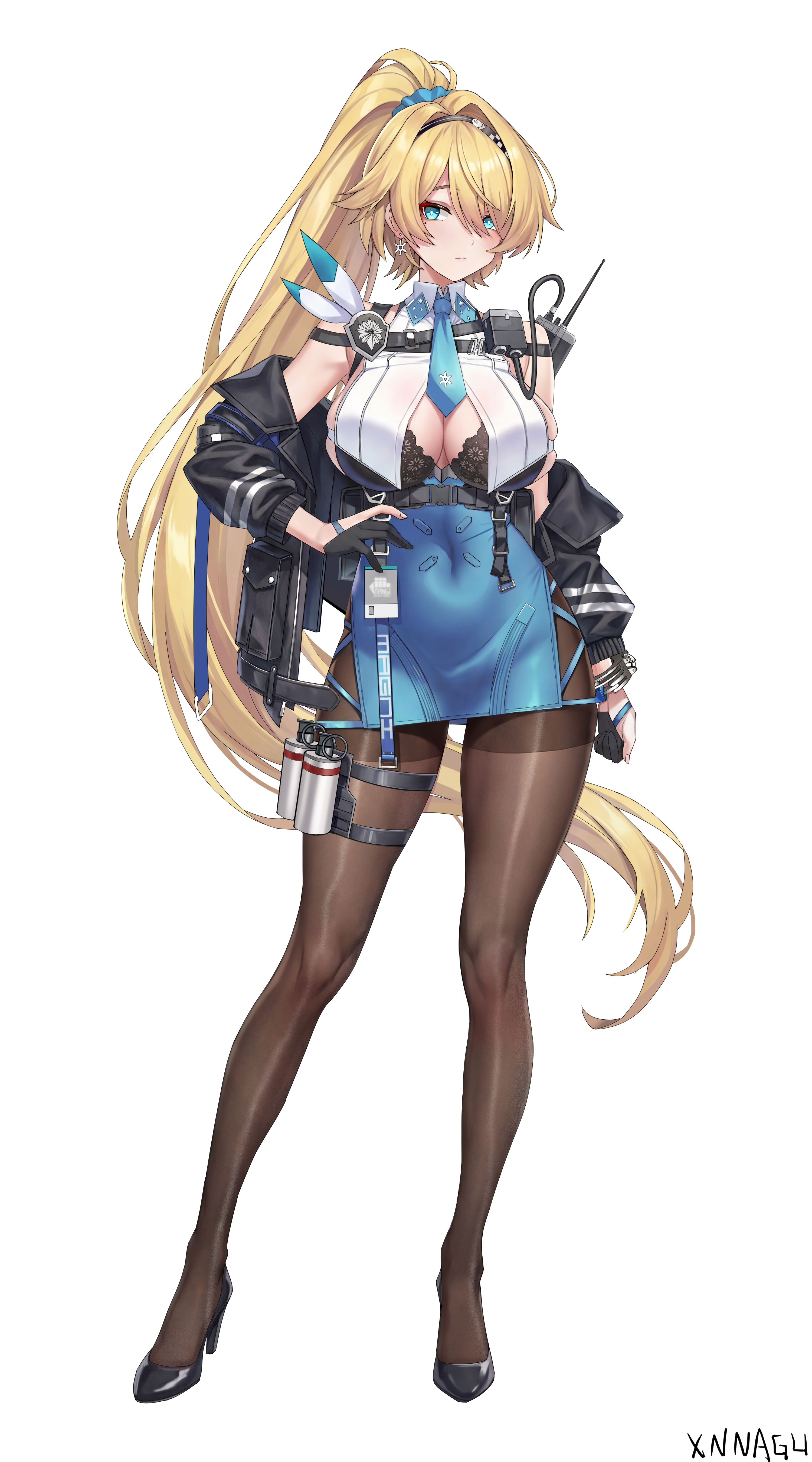 xnnagu, nikketa (girls' frontline 2), vsk-94 (girls' frontline), girls' frontline, girls' frontline 2: exilium, absurdres, chinese commentary, commentary request, commission, highres, variant set, 1girl, alternate hair length, alternate hairstyle, bare shoulders, belt, belt pouch, black belt, black bra, black gloves, black hairband, black jacket, black pantyhose, black shoes, blonde hair, blue eyes, blue necktie, blue scrunchie, blue skirt, blush, bra, breasts, buckle, chest harness, cleavage, closed mouth, covered navel, crop top, cuffs, earrings, explosive, full body, gloves, grenade, hair between eyes, hair intakes, hair ornament, hair scrunchie, hairband, hand on own hip, handcuffs, harness, high-waist skirt, high heels, high ponytail, holster, id card, jacket, jewelry, large breasts, long hair, long sleeves, looking at viewer, mole, mole under eye, necktie, off shoulder, open clothes, open jacket, pantyhose, partially fingerless gloves, ponytail, pouch, scrunchie, shirt, shoes, side slit, sidelocks, signature, simple background, skirt, sleeveless, sleeveless shirt, snap-fit buckle, snowflake earrings, solo, standing, thigh holster, thighband pantyhose, underbust, underwear, very long hair, walkie-talkie, white background, white shirt