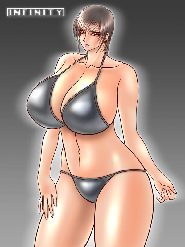 1girl, bare shoulders, bikini, bikini bottom only, breasts, brown hair, cleavage, female focus, gradient background, huge breasts, infinity symbol, lingerie, mature female, red eyes, short hair, solo, swimsuit, thighs, thong, underwear